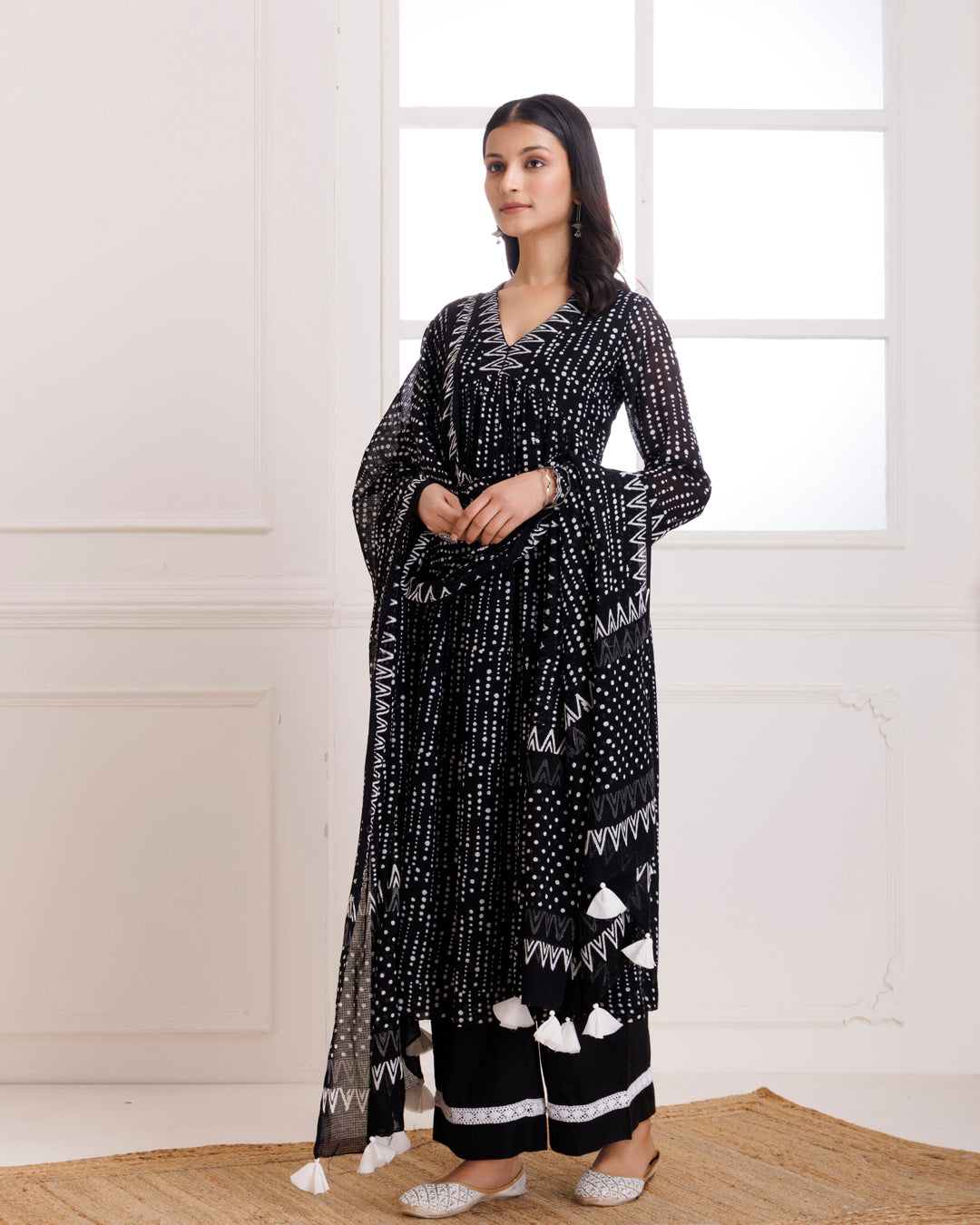 Black Polka Hand Block Printed Moonga Cotton Gathered Suit Set