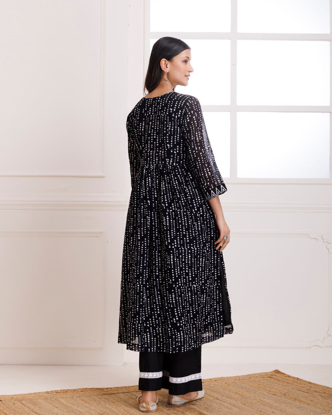 Black Polka Hand Block Printed Moonga Cotton Gathered Suit Set