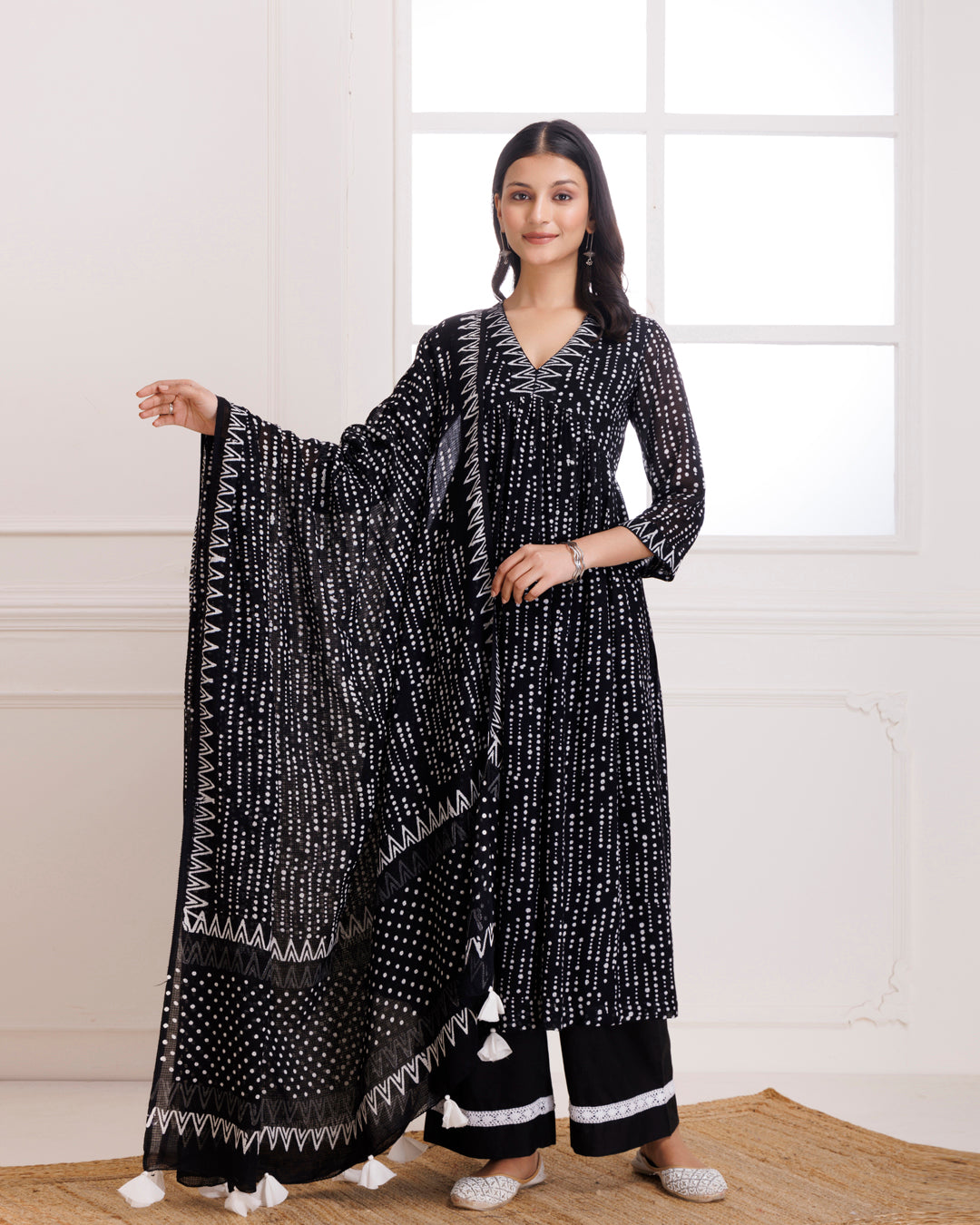 Black Polka Hand Block Printed Moonga Cotton Gathered Suit Set