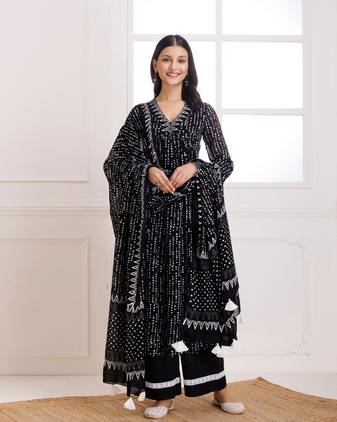 Black Polka Hand Block Printed Moonga Cotton Gathered Suit Set