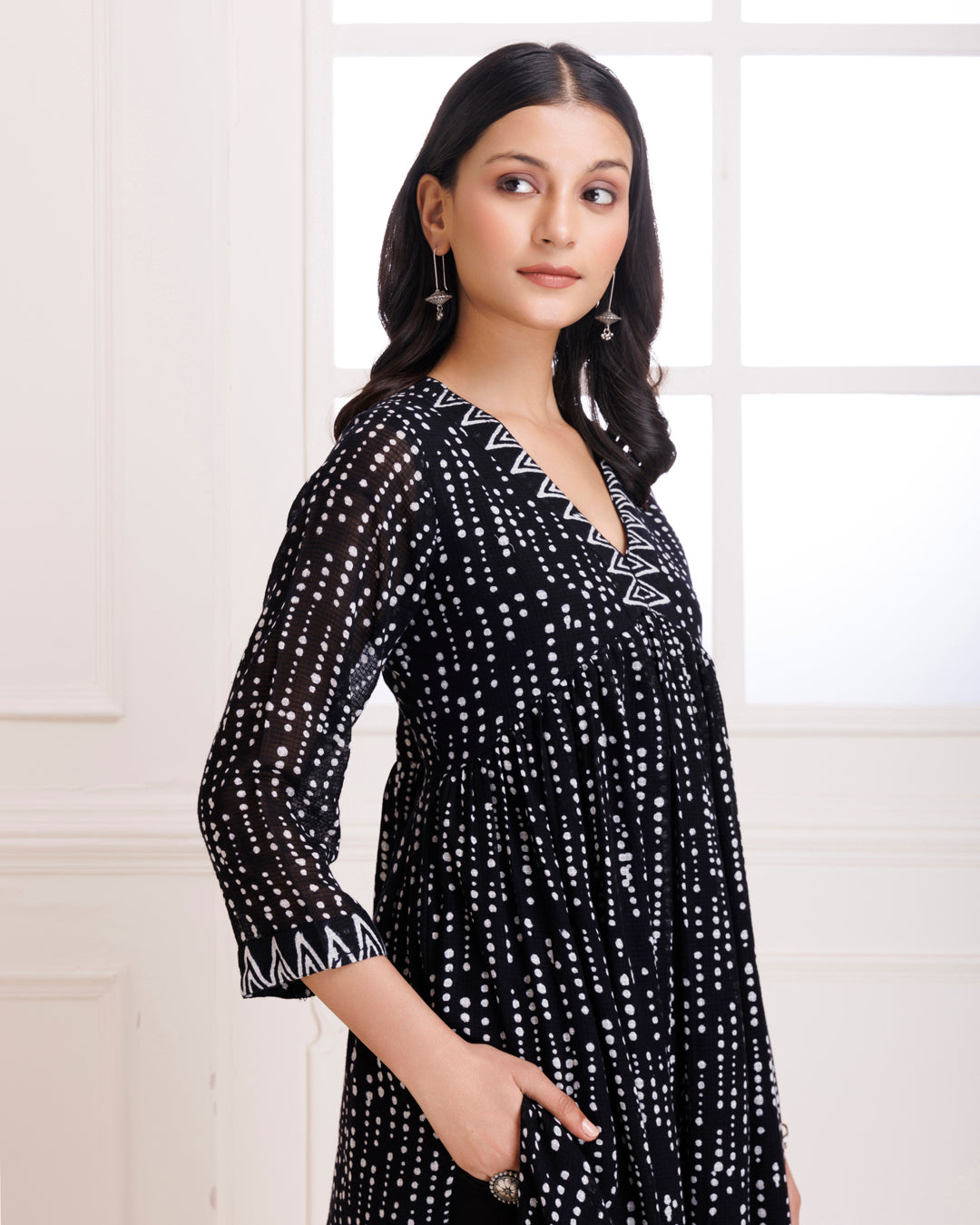 Black Polka Hand Block Printed Moonga Cotton Gathered Suit Set