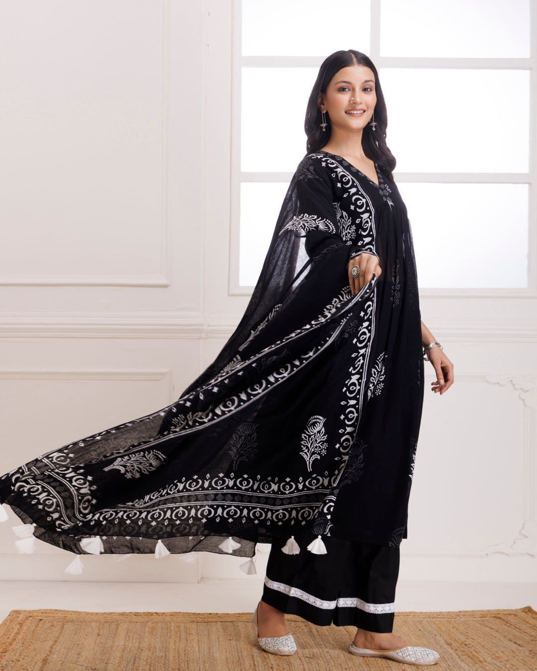Black Butta Hand Block Printed Moonga Cotton Gathered Suit Set