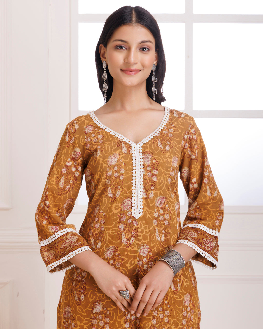 Mustard Butta Dabu Hand Block Cotton Suit Set