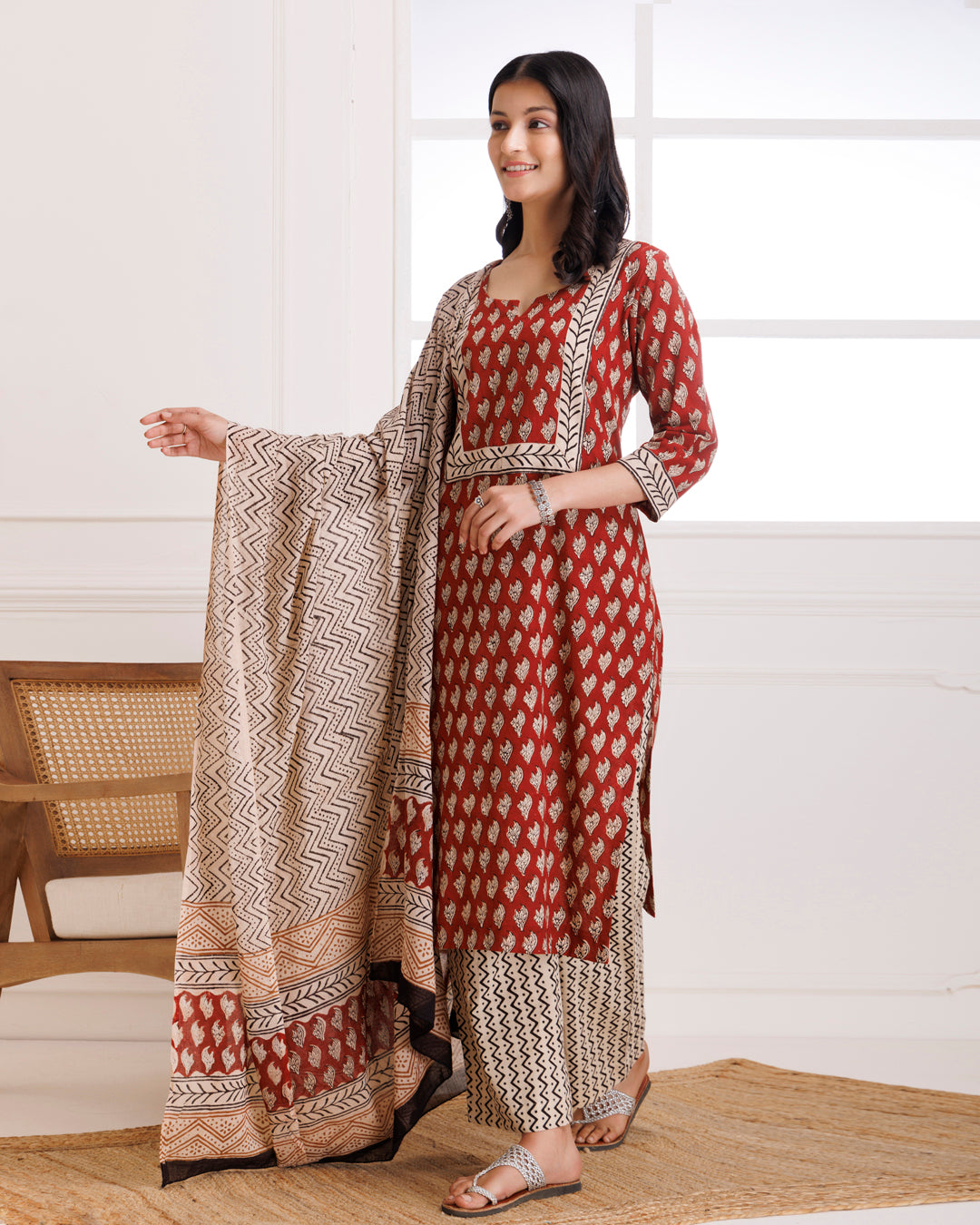 Red Bagru Butti Block Printed Cotton Suit Set