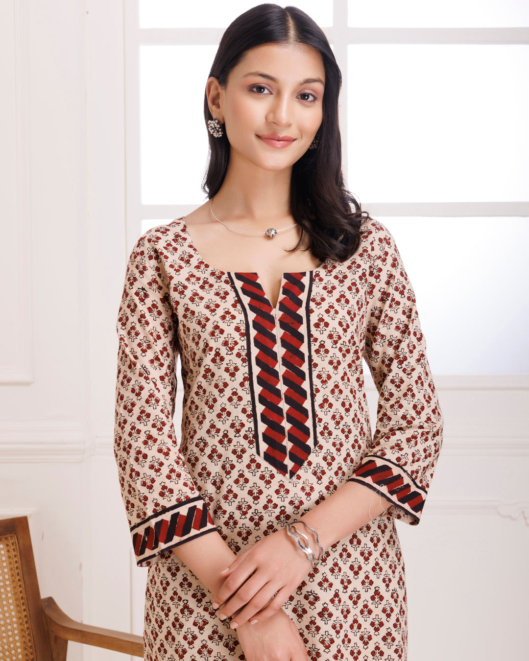 Beige & Red Bagru Hand Block Printed Cotton Suit Set