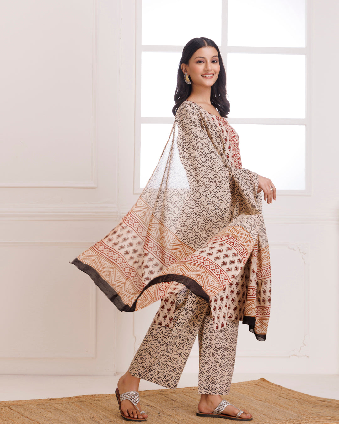 Beige Bagru Hand Block Printed Cotton Suit Set