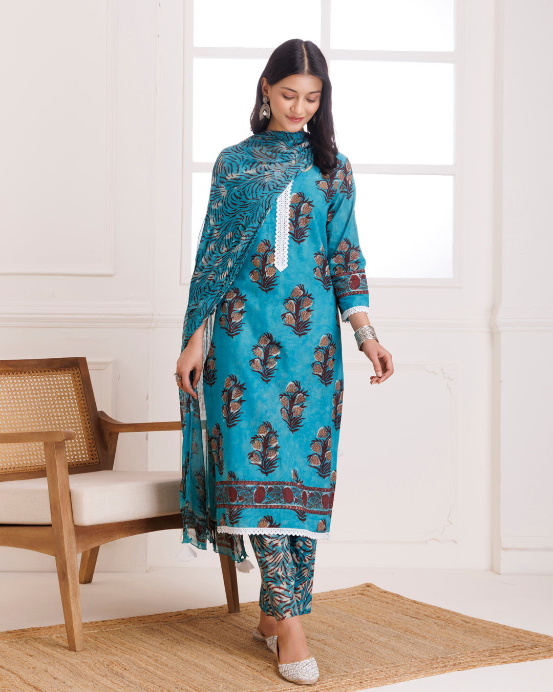 Turquoise Hand Block Printed Cotton Suit Set