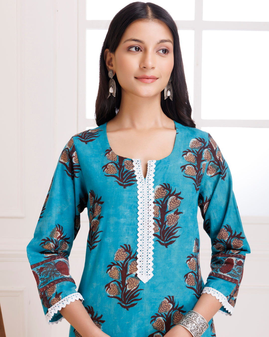 Turquoise Hand Block Printed Cotton Suit Set