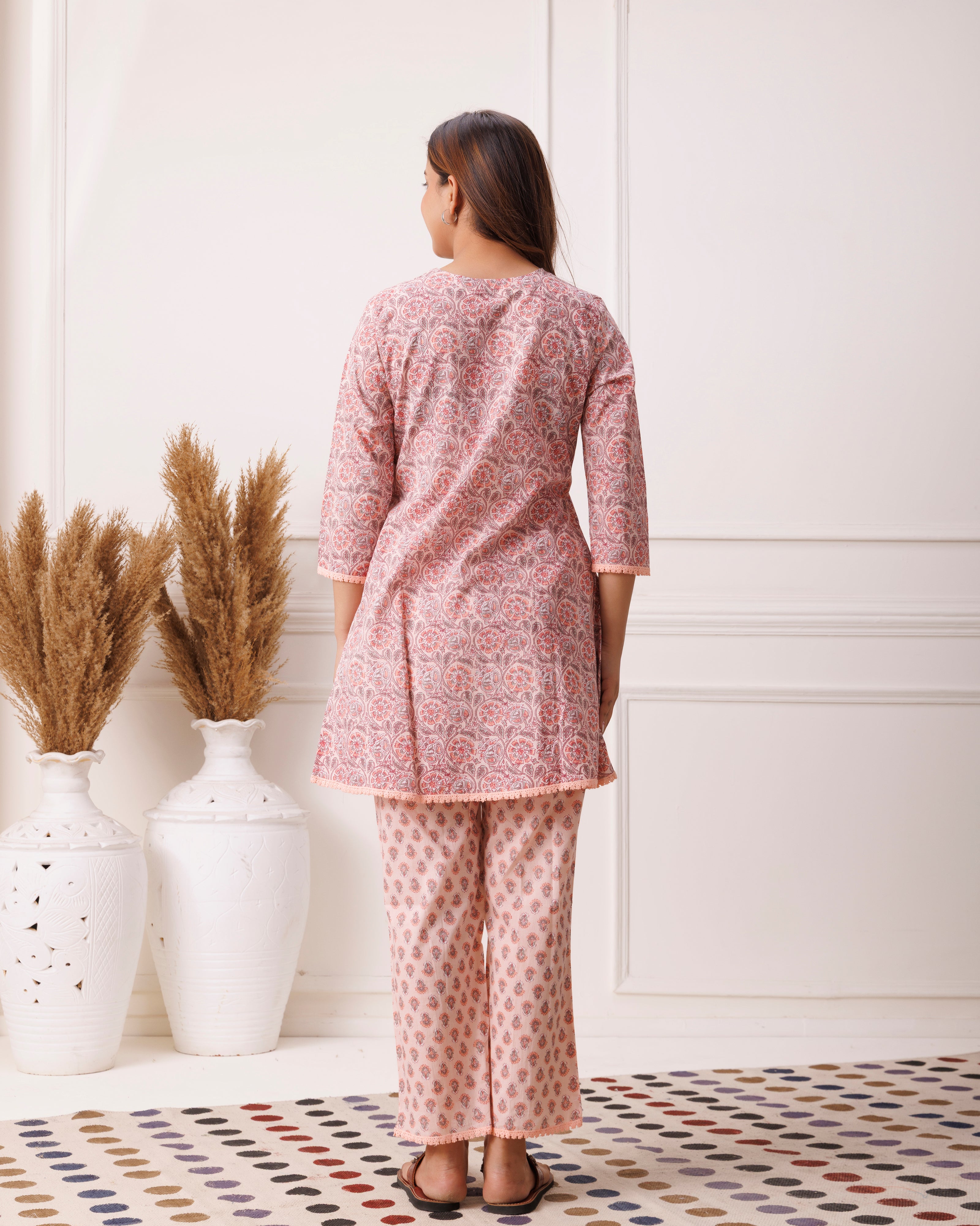 Peach Block Printed Cotton Cord Set