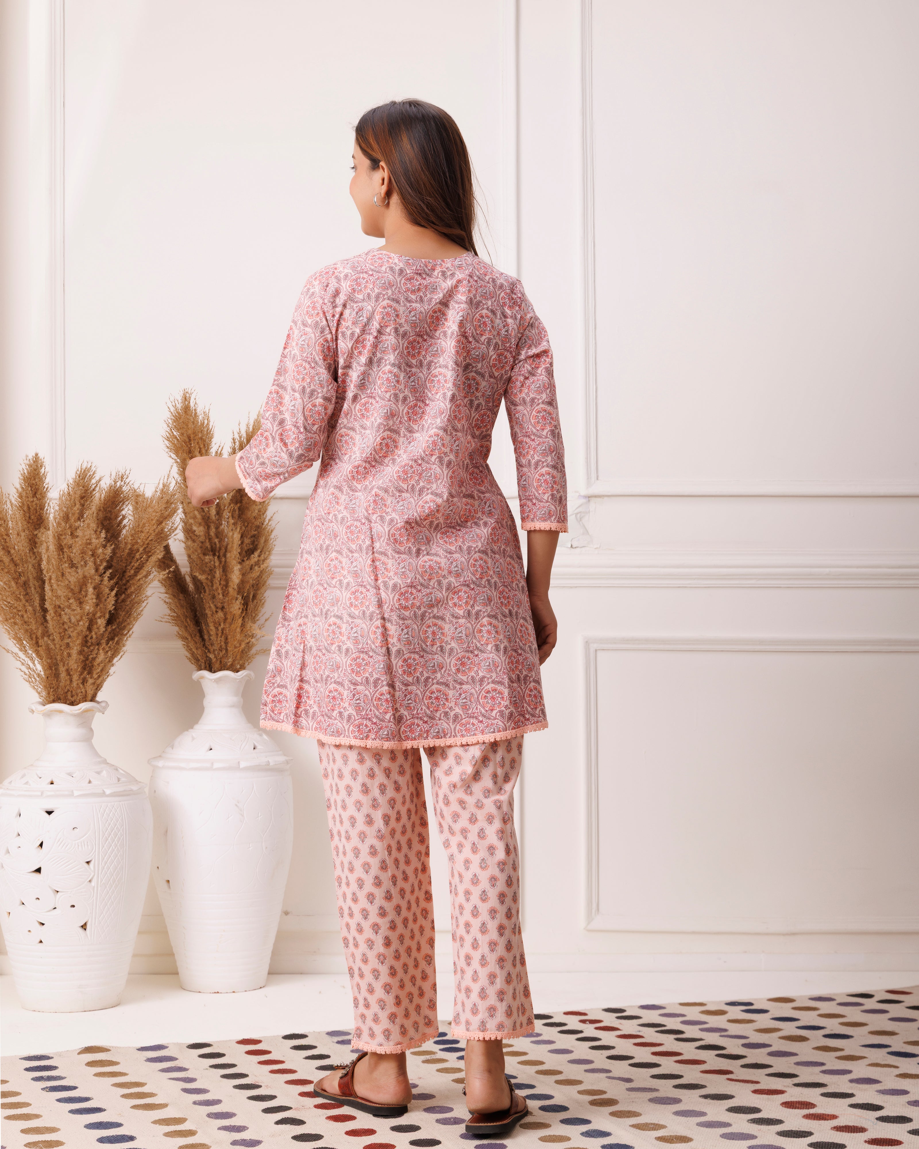 Peach Block Printed Cotton Cord Set