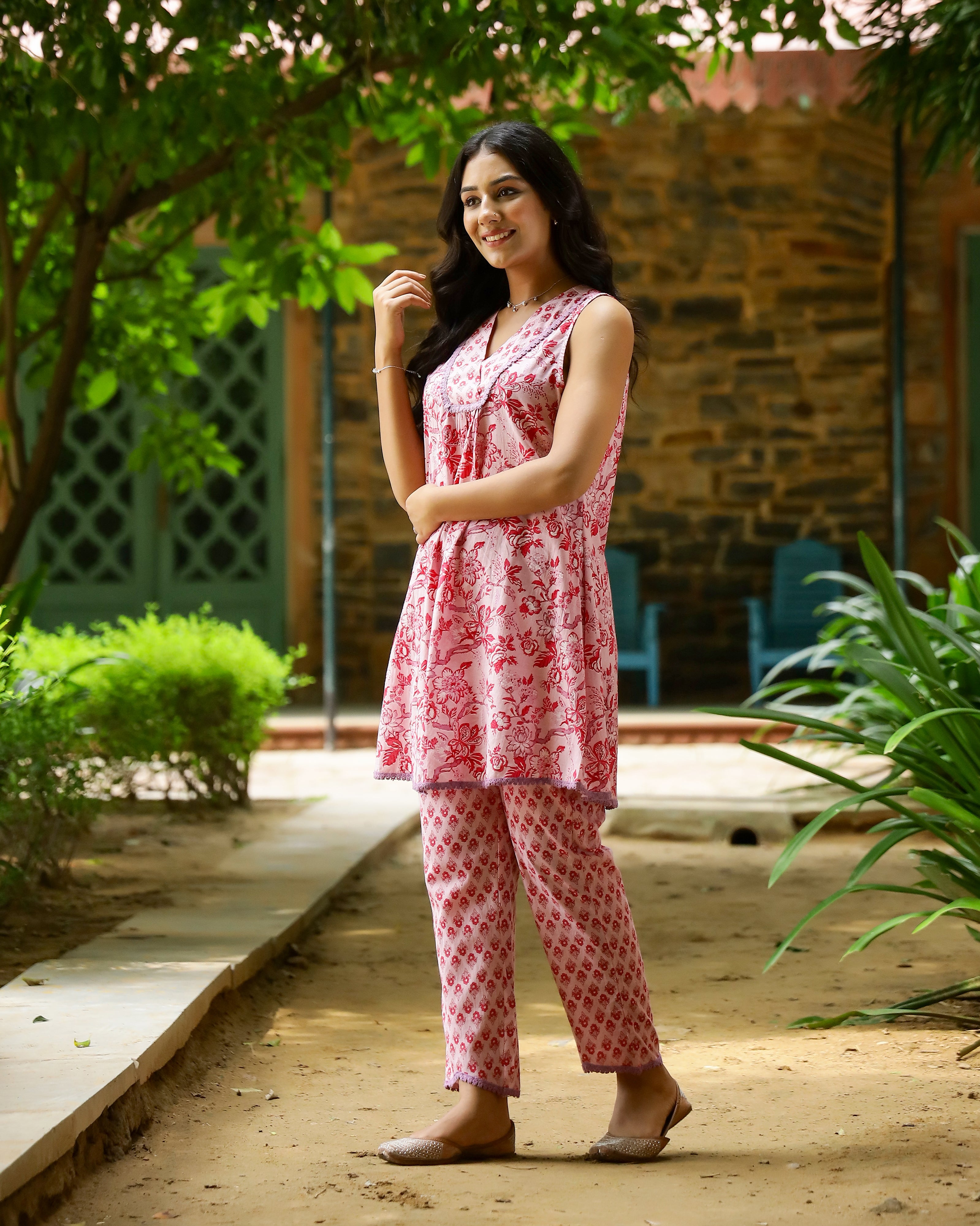 Pink Block Printed Cotton Cord Set
