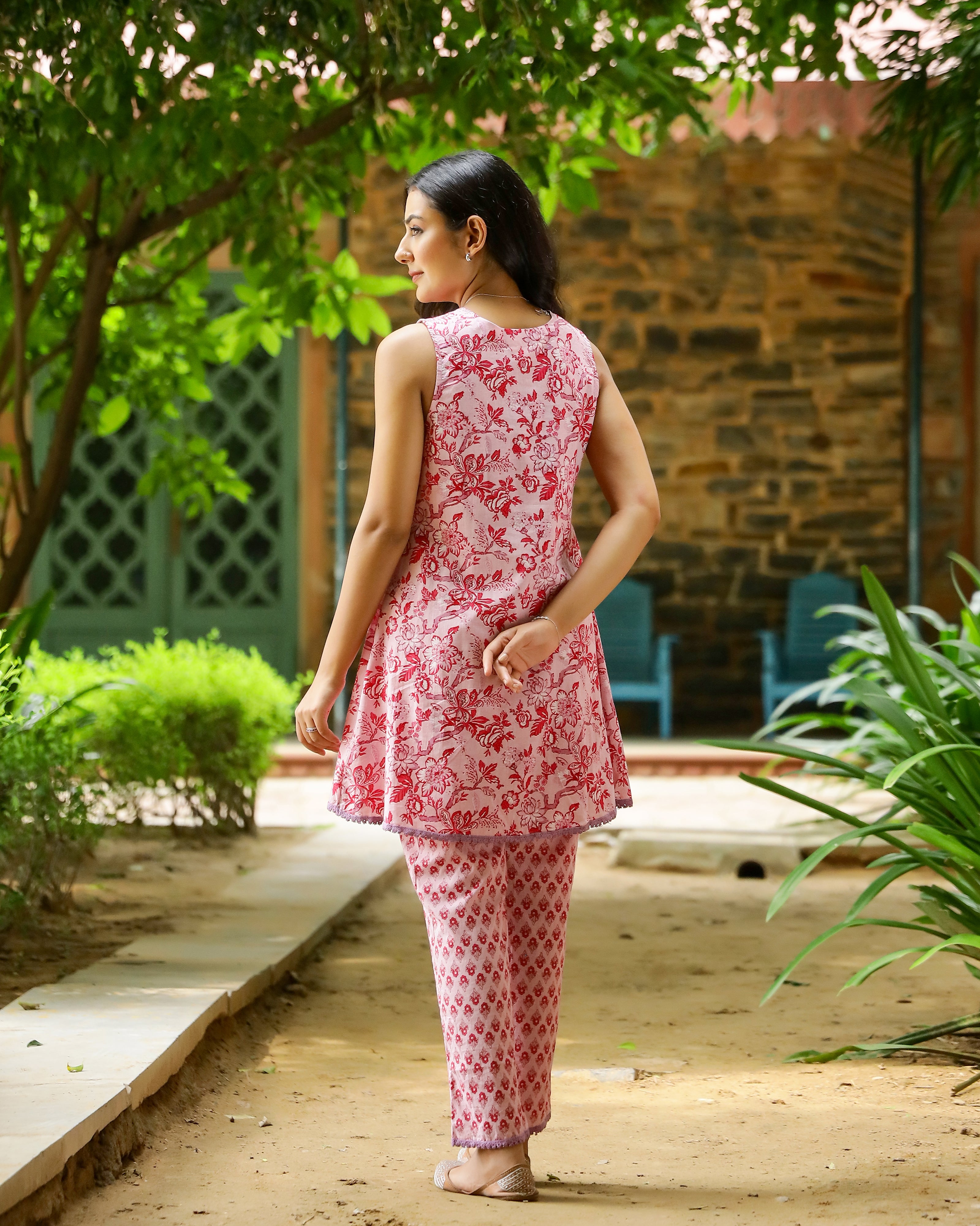 Pink Block Printed Cotton Cord Set