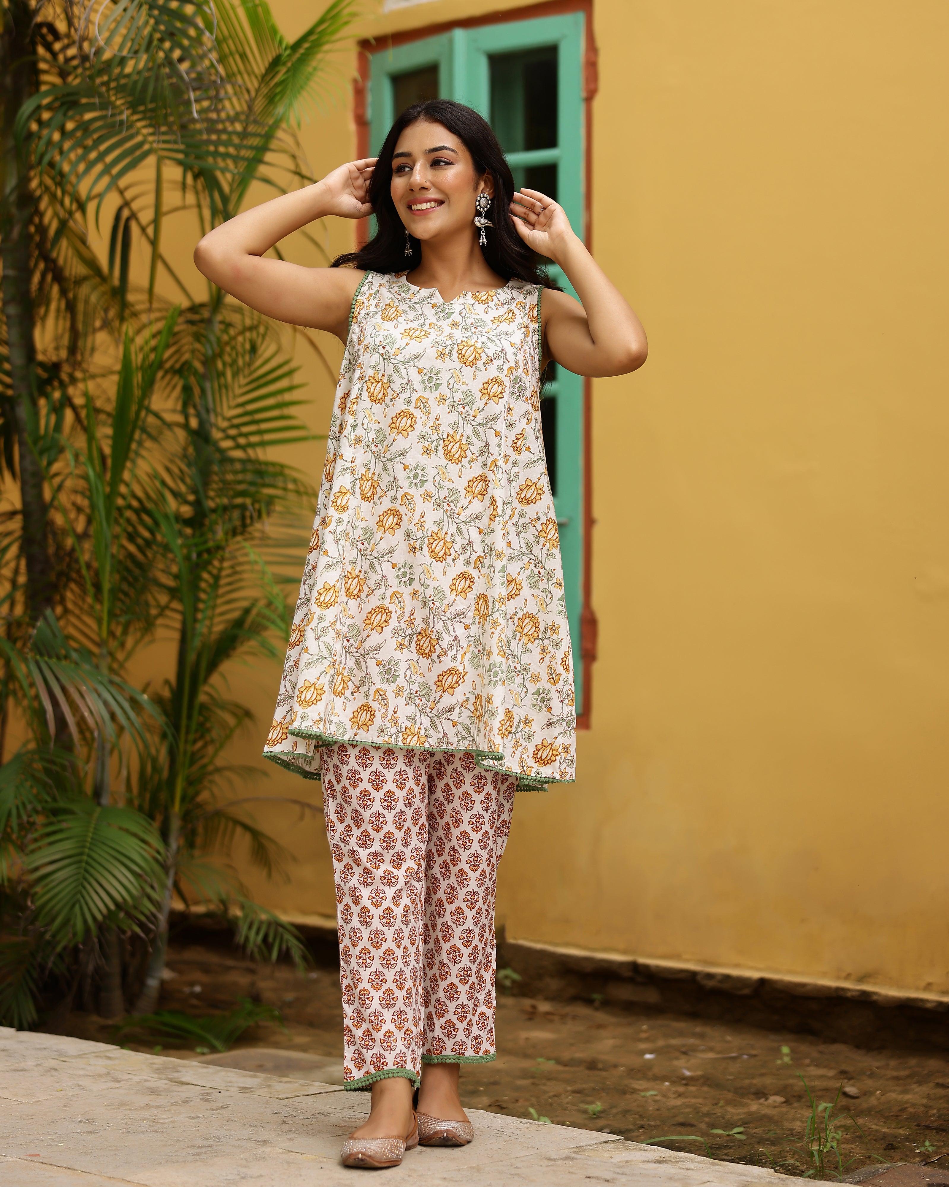 White & Yellow Block Printed Cotton Cord Set