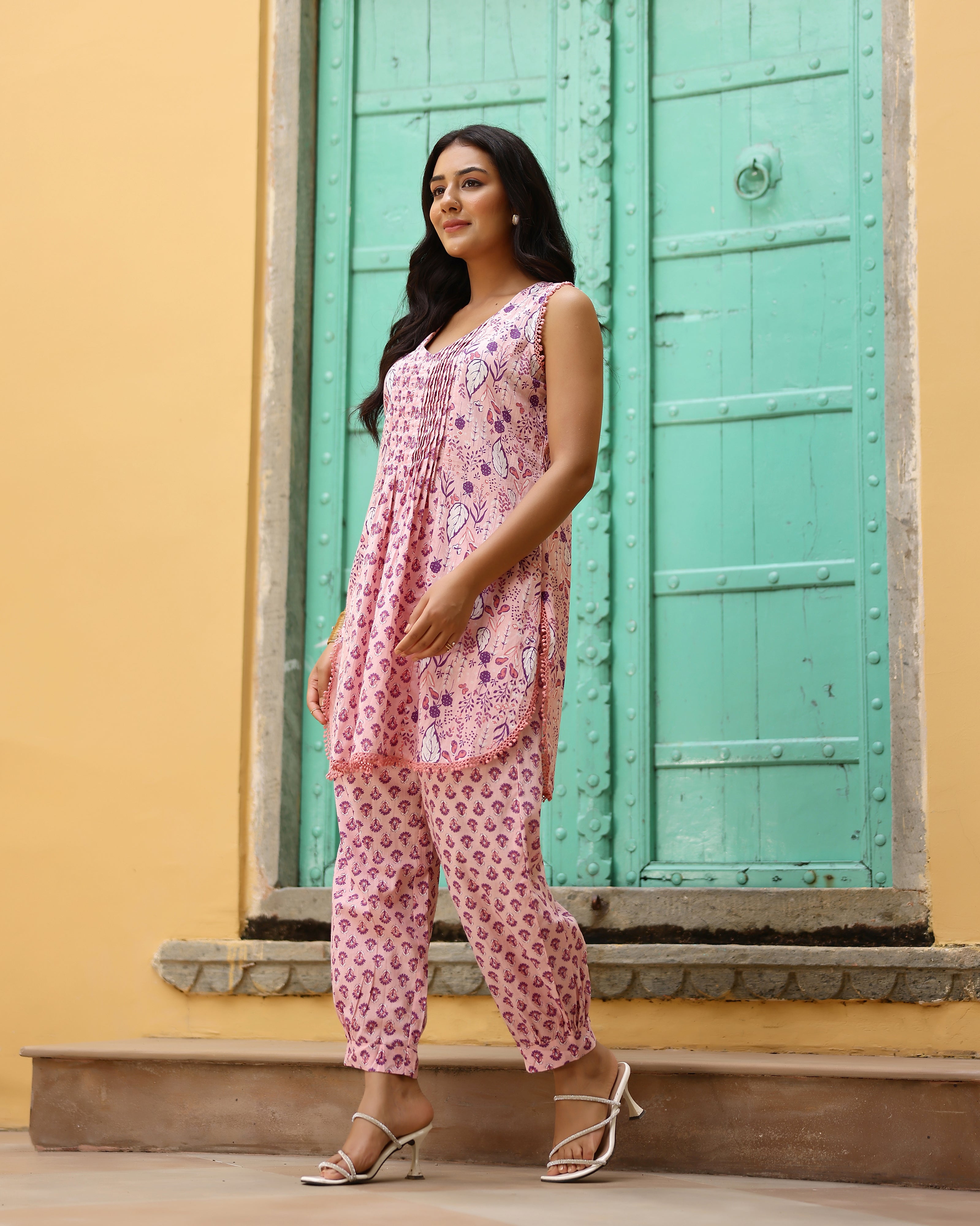 Baby Pink Block Printed Cotton Cord Set