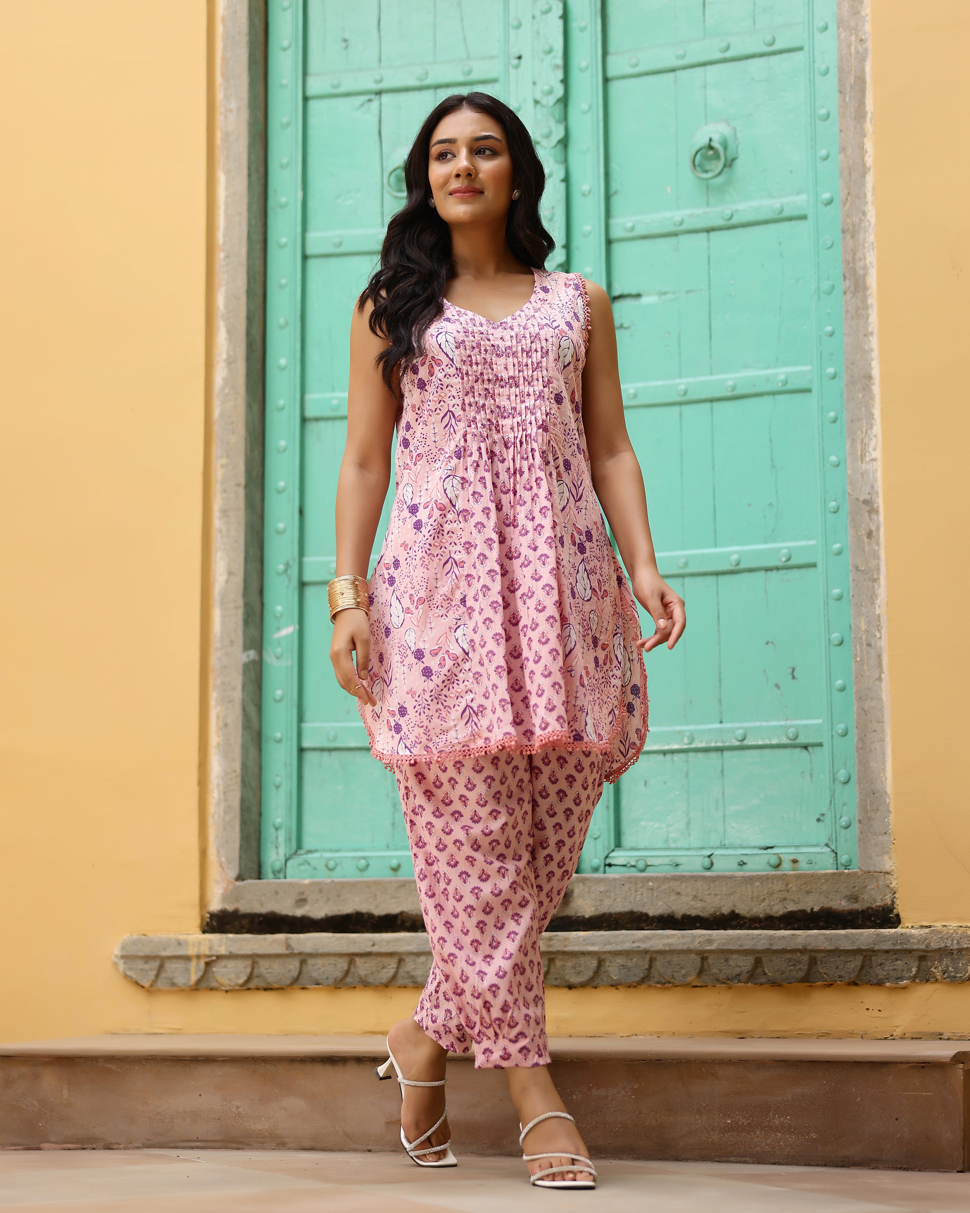 Baby Pink Block Printed Cotton Cord Set