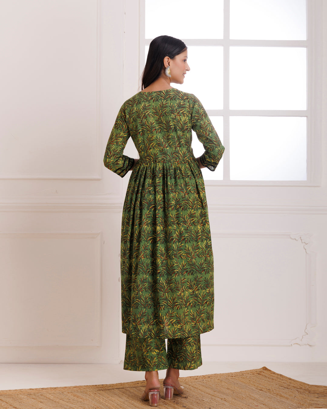 Green Dabu Hand Block Printed Cotton Gathered Kurta Pant