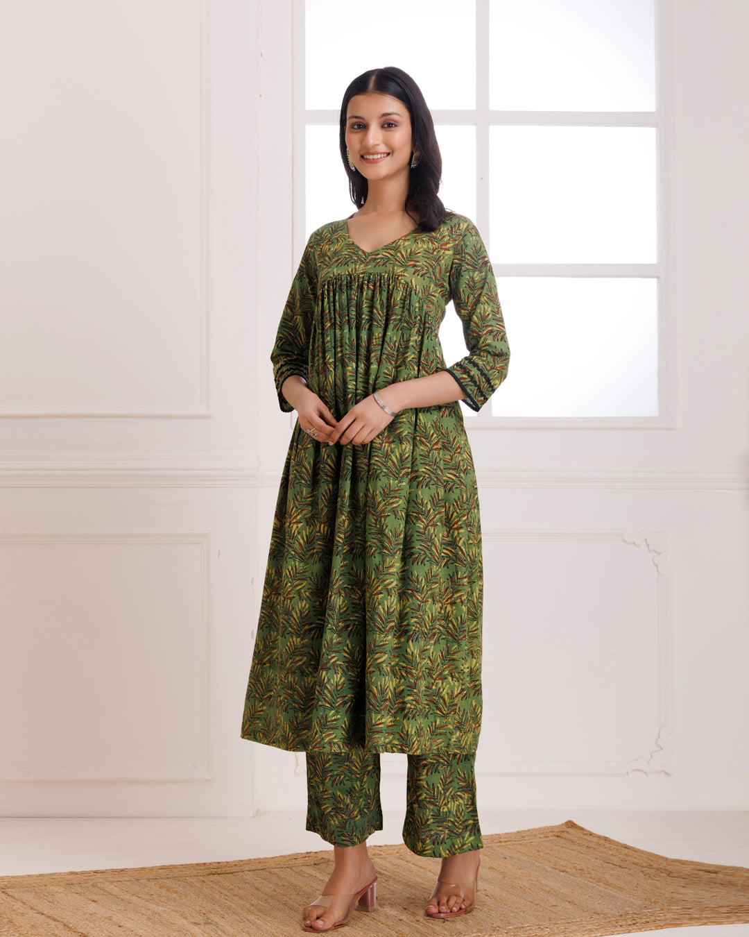 Green Dabu Hand Block Printed Cotton Gathered Kurta Pant
