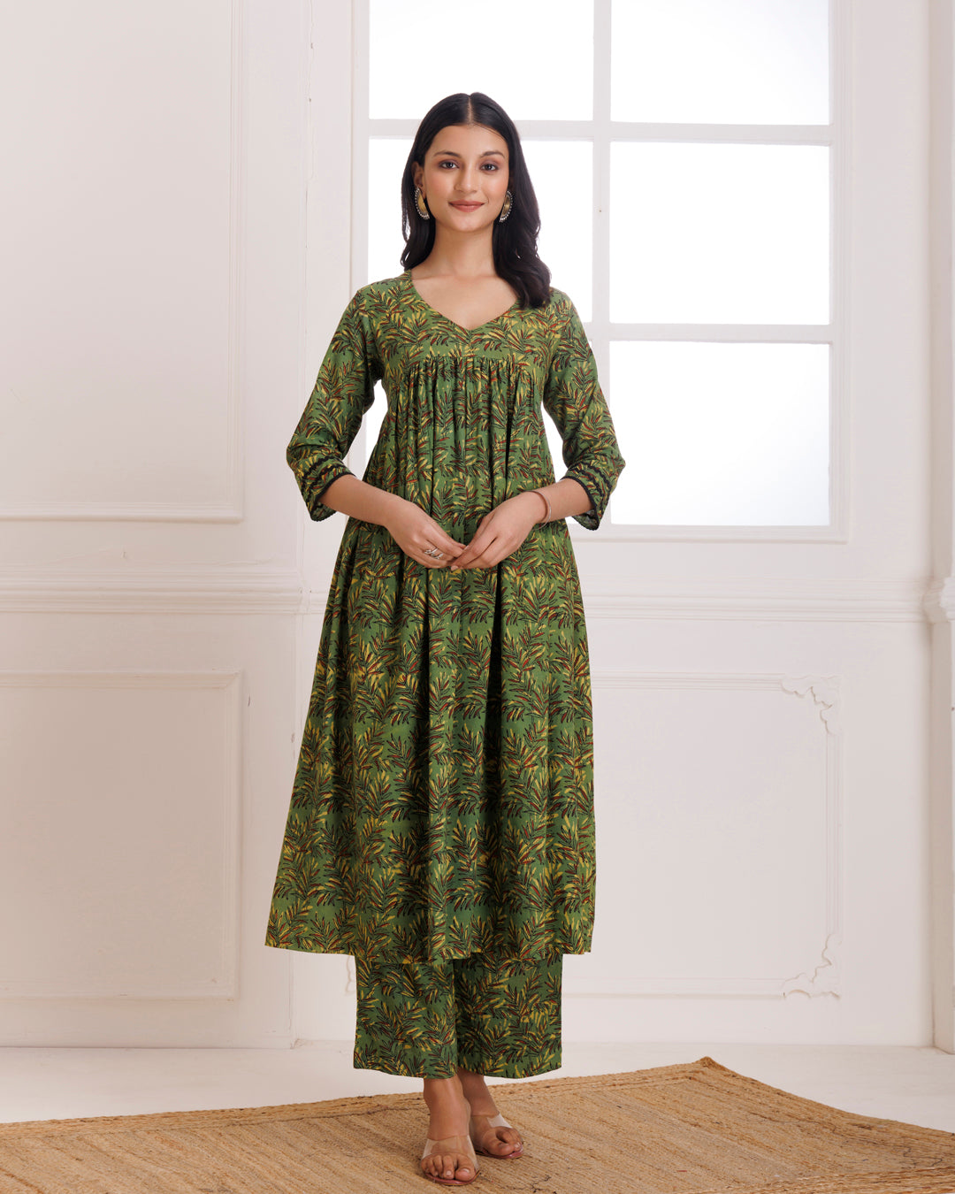Green Dabu Hand Block Printed Cotton Gathered Kurta Pant