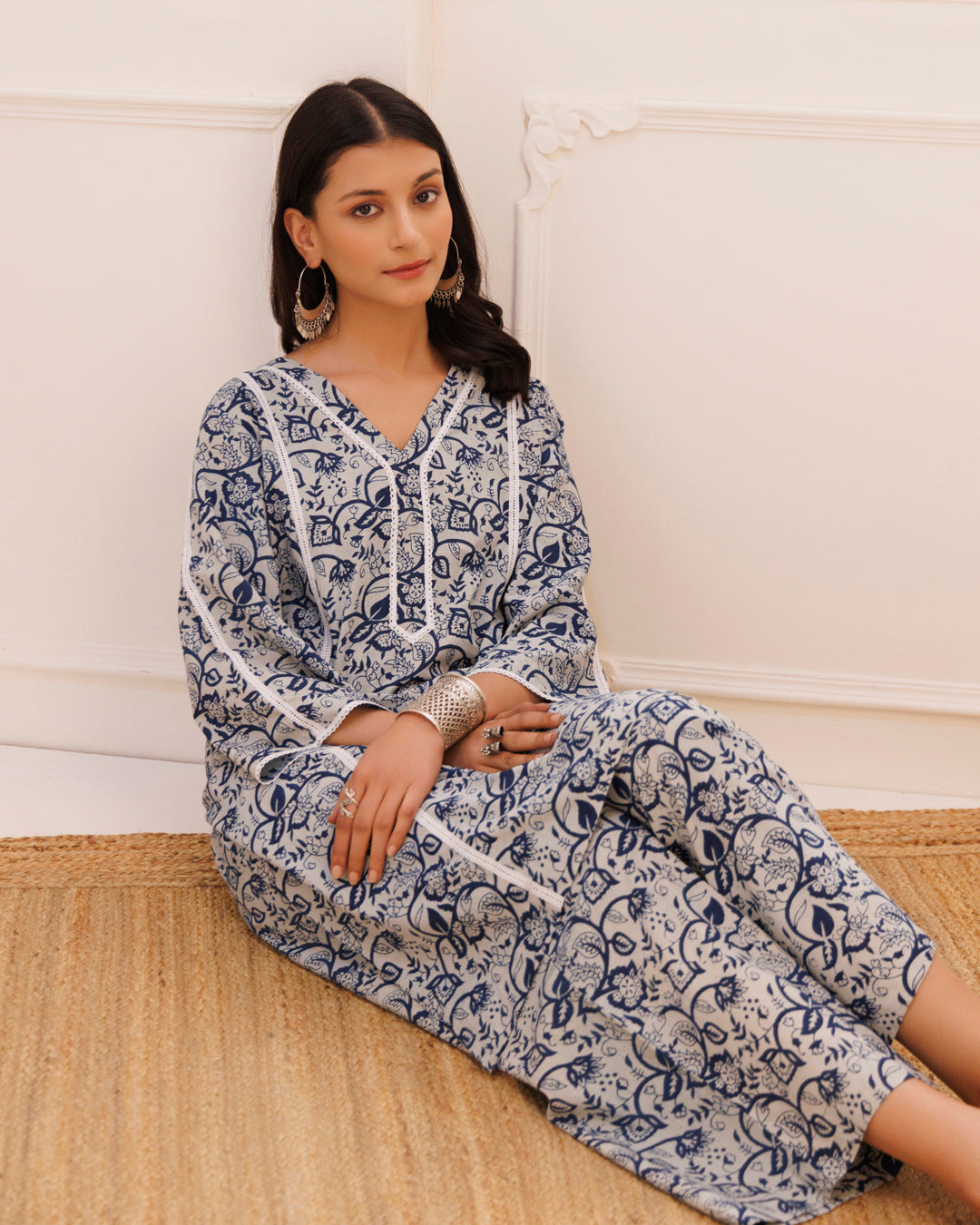 Indigo & White Dabu Hand Block Printed Cotton Kurta Pant