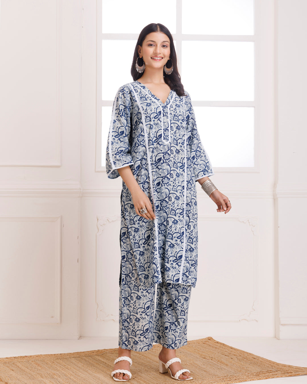 Indigo & White Dabu Hand Block Printed Cotton Kurta Pant