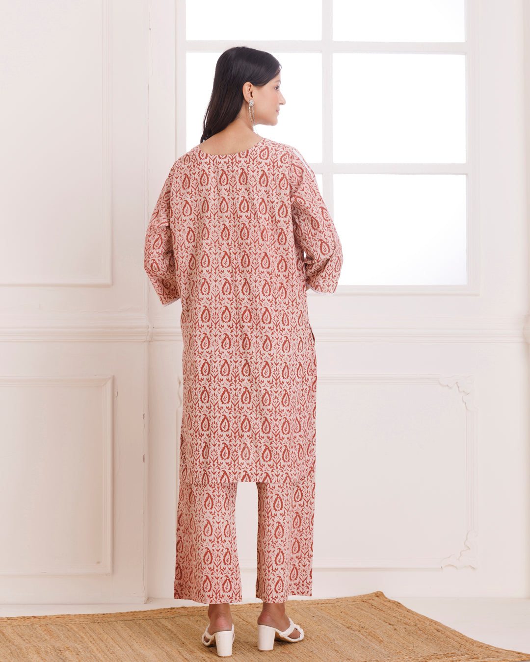 Beige & Peach Dabu Hand Block Printed Cotton Kurta Pant