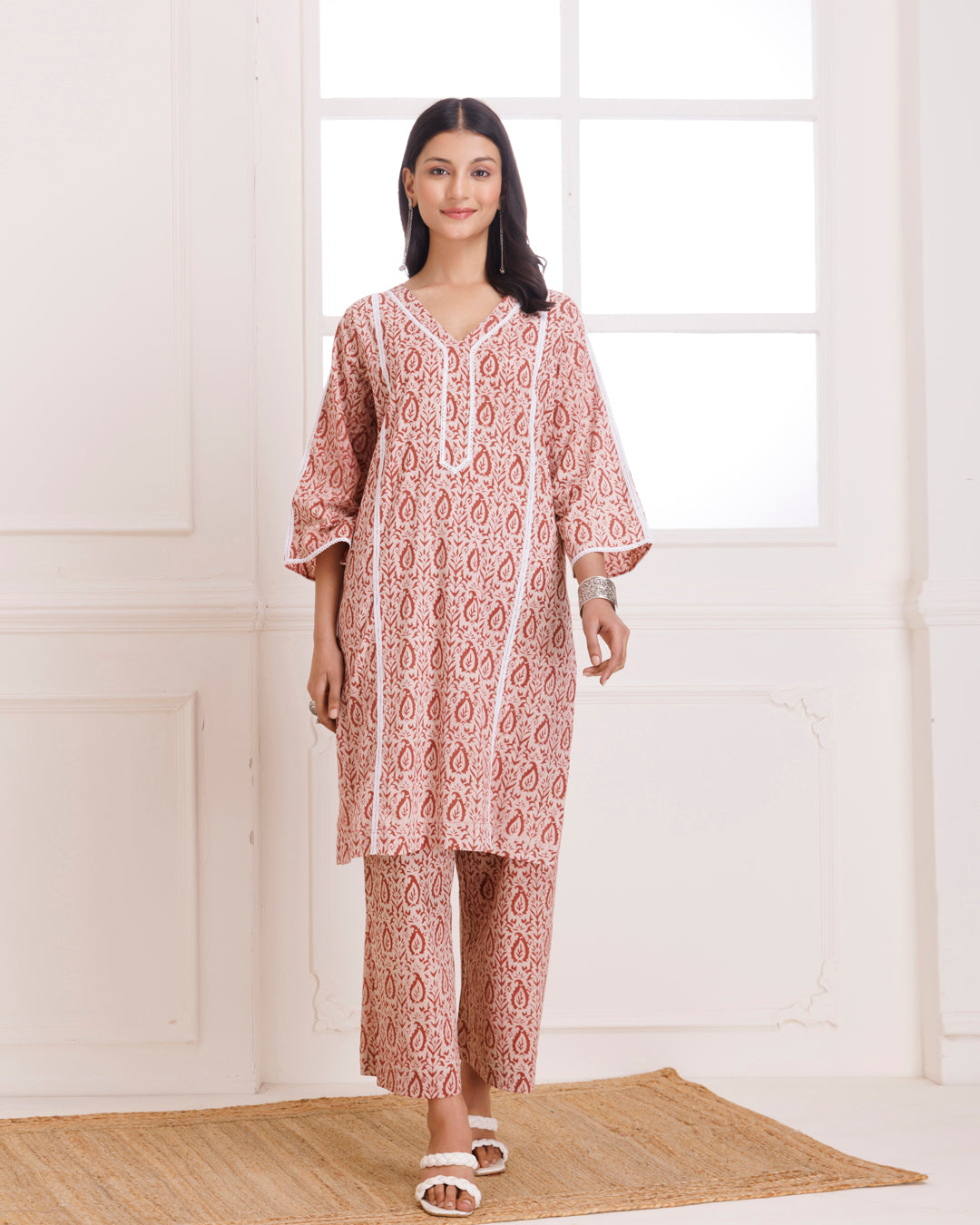 Beige & Peach Dabu Hand Block Printed Cotton Kurta Pant