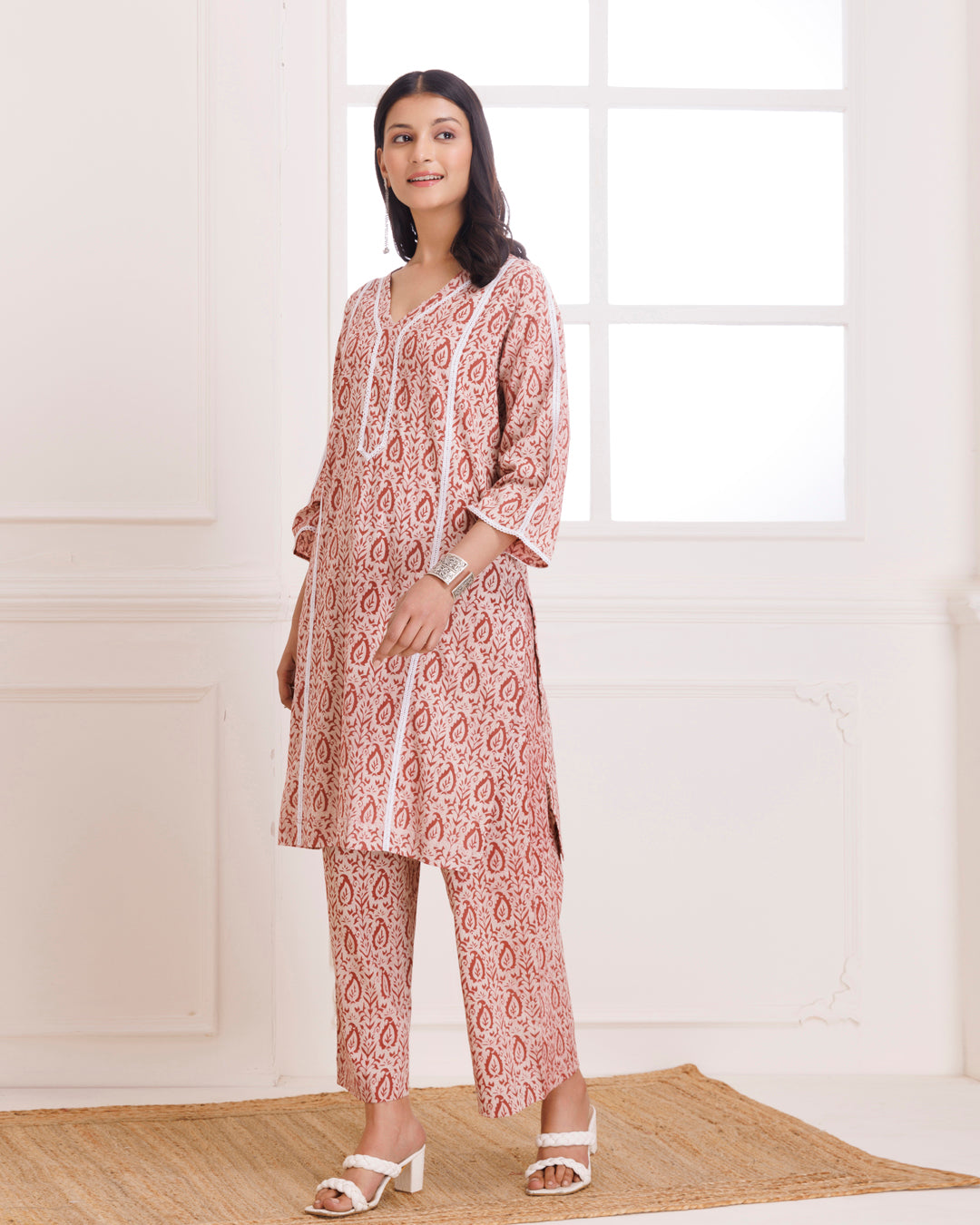 Beige & Peach Dabu Hand Block Printed Cotton Kurta Pant