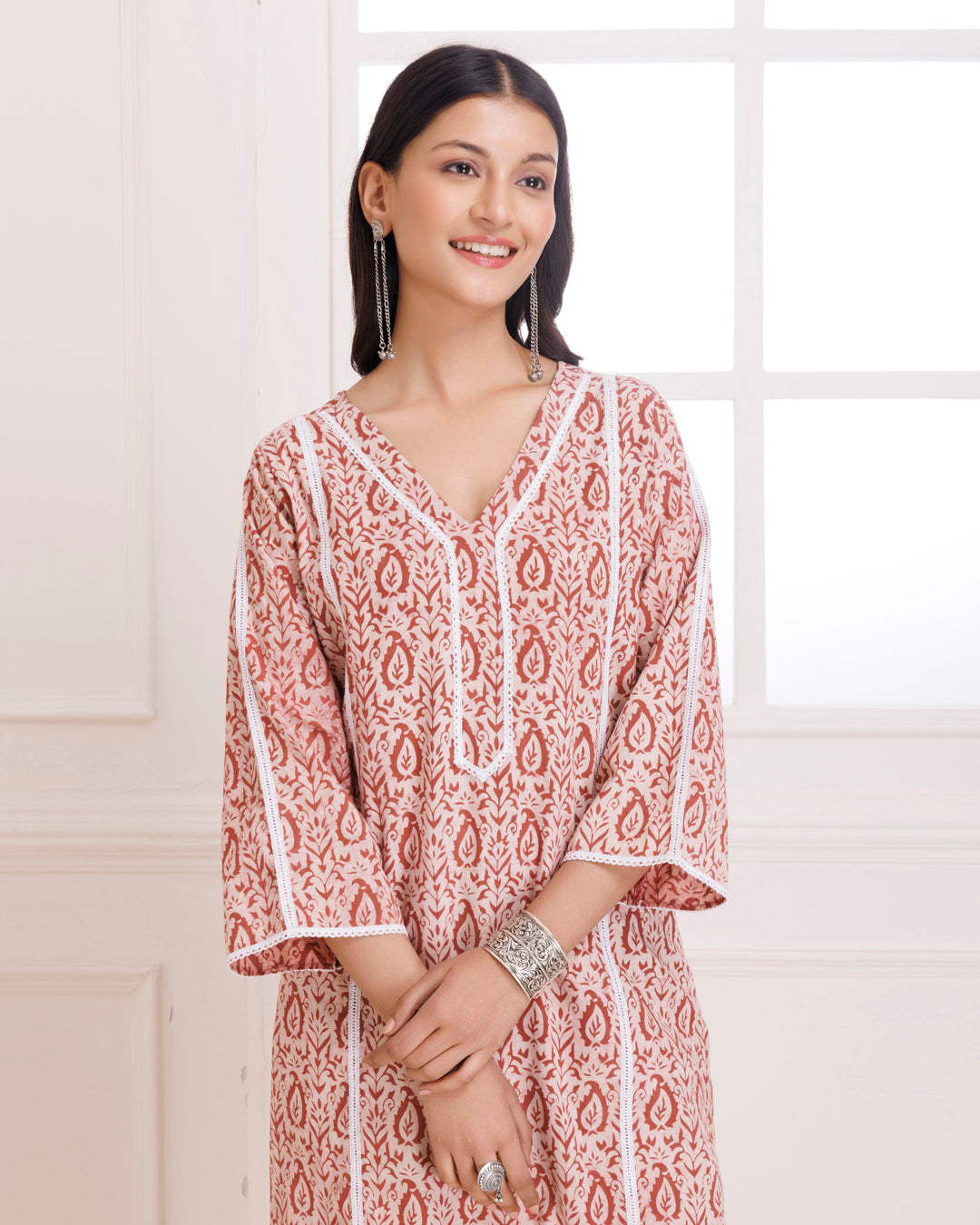 Beige & Peach Dabu Hand Block Printed Cotton Kurta Pant