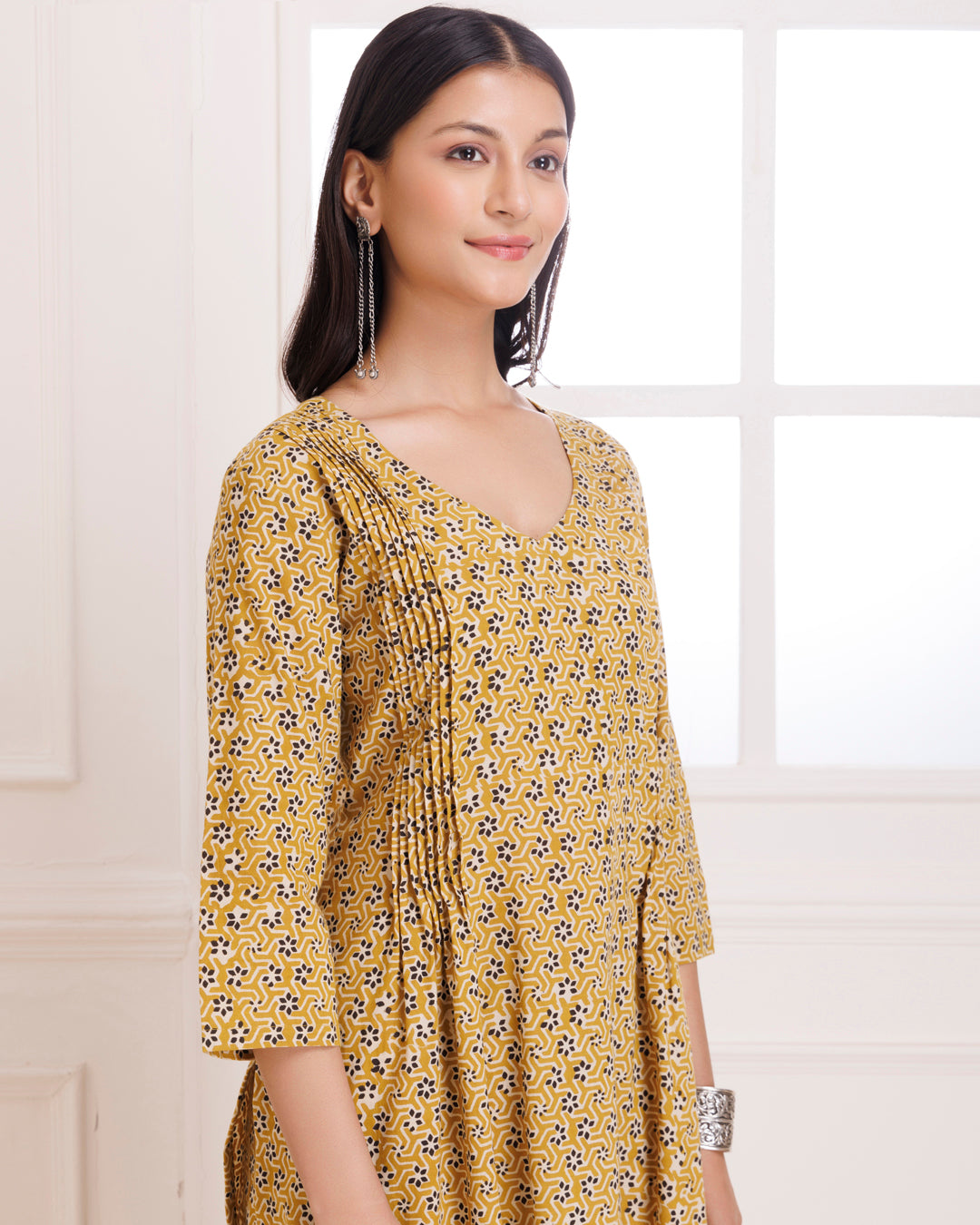 Mustard Bagru Hand Block Printed Cotton Pintucks Kurta Pant