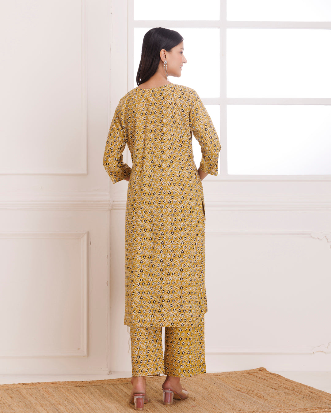 Mustard Bagru Hand Block Printed Cotton Pintucks Kurta Pant