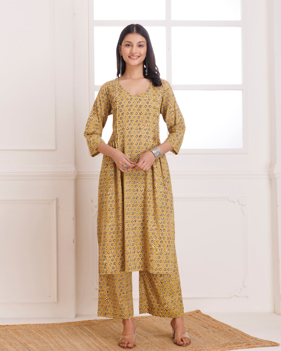 Mustard Bagru Hand Block Printed Cotton Pintucks Kurta Pant