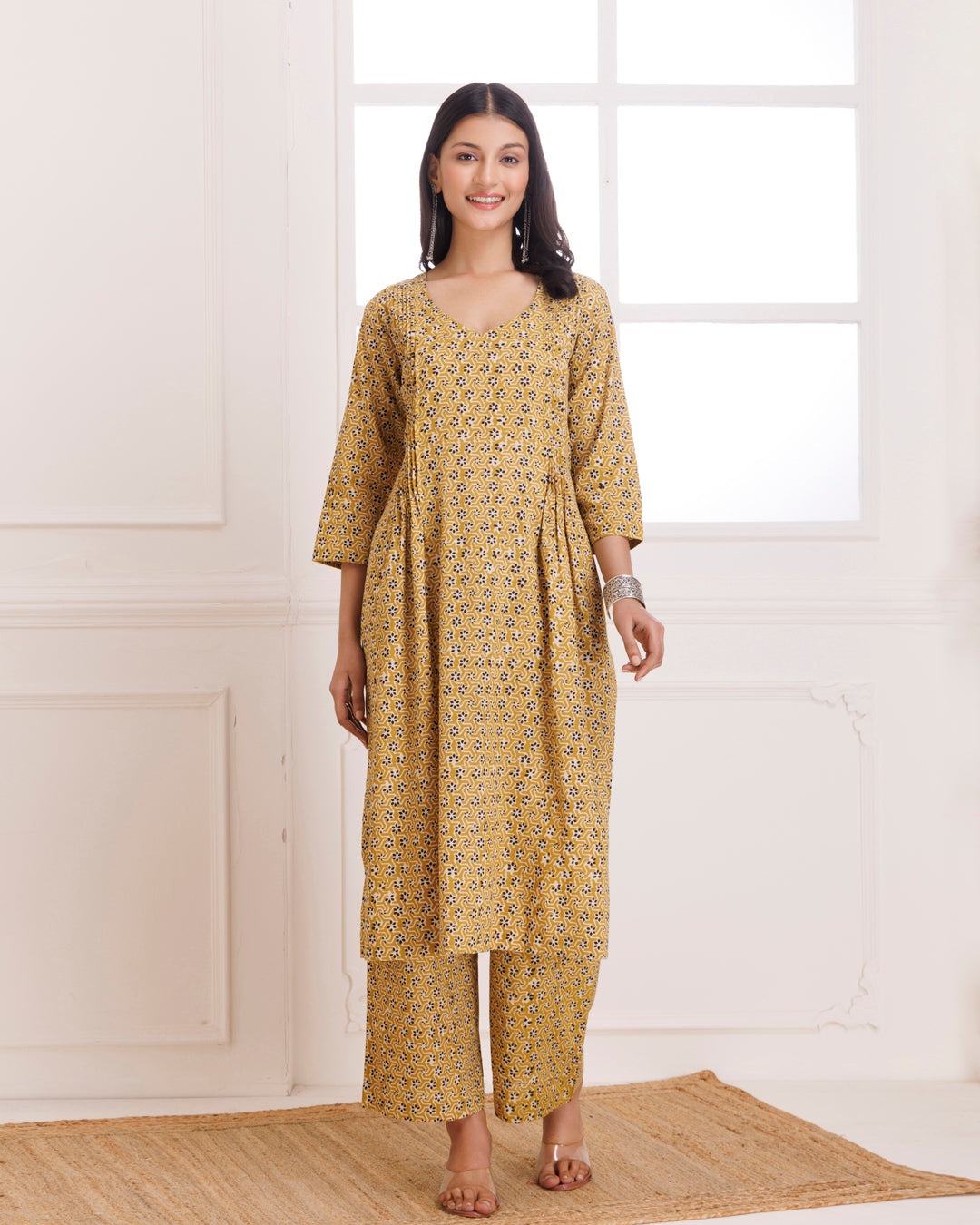 Mustard Bagru Hand Block Printed Cotton Pintucks Kurta Pant