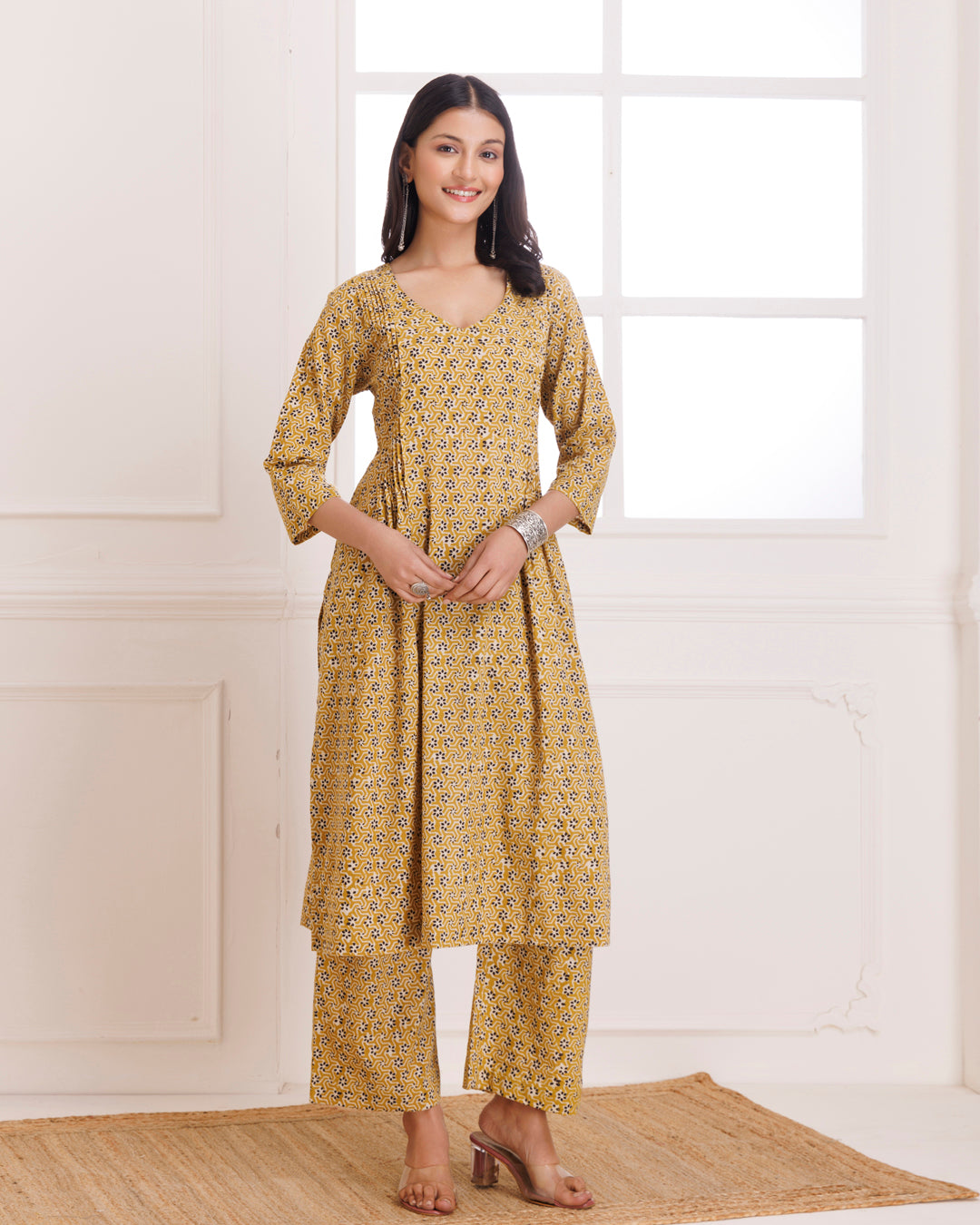 Mustard Bagru Hand Block Printed Cotton Pintucks Kurta Pant