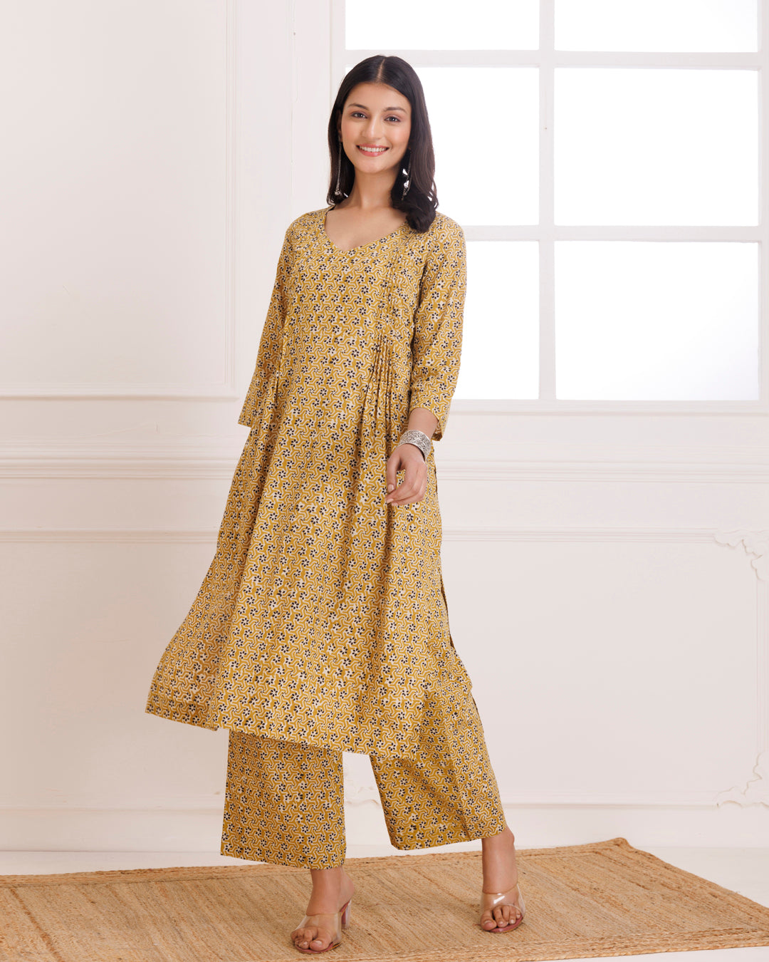 Mustard Bagru Hand Block Printed Cotton Pintucks Kurta Pant
