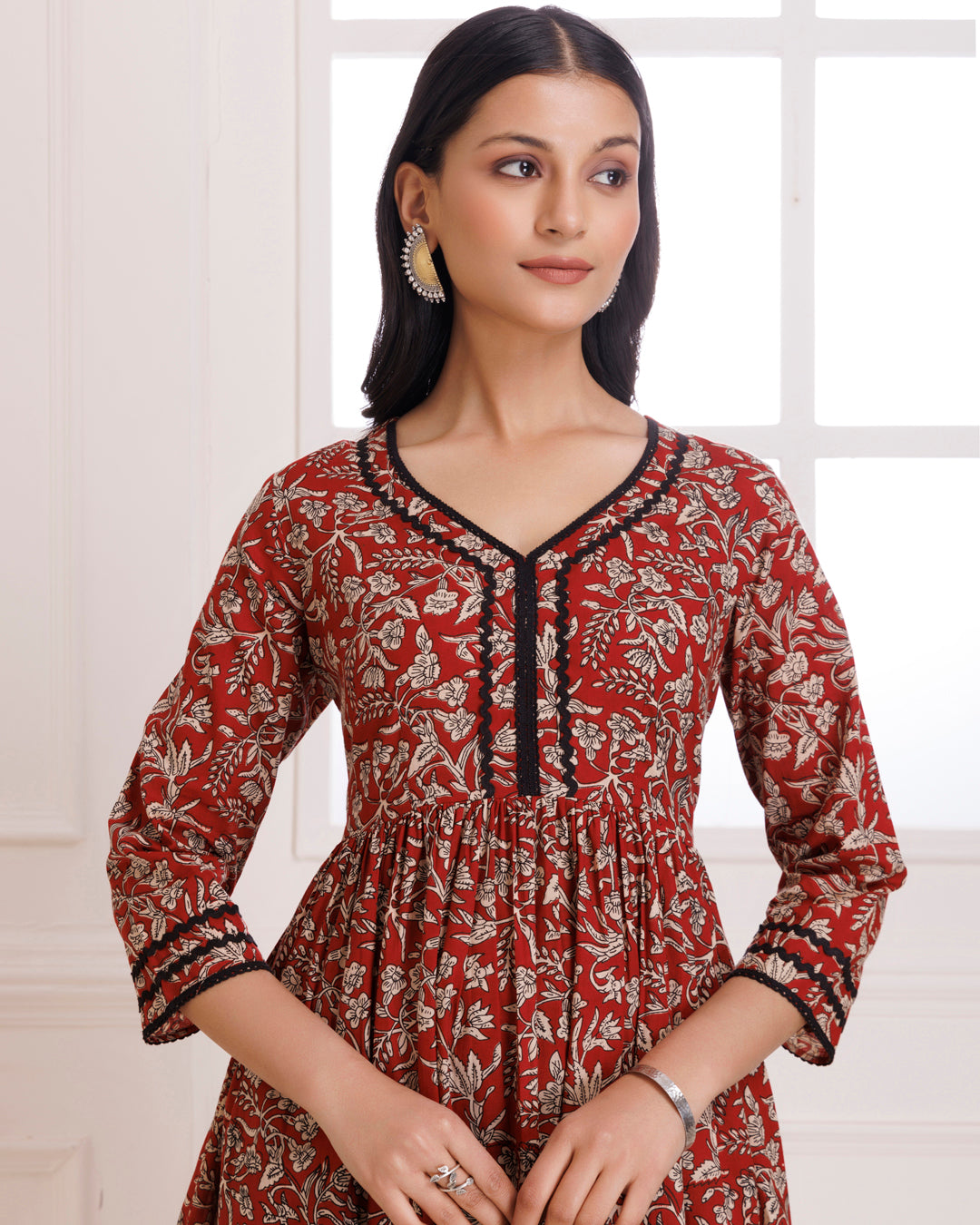 Red & Black Bagru Hand Block Printed Cotton Gathered Kurta Pant