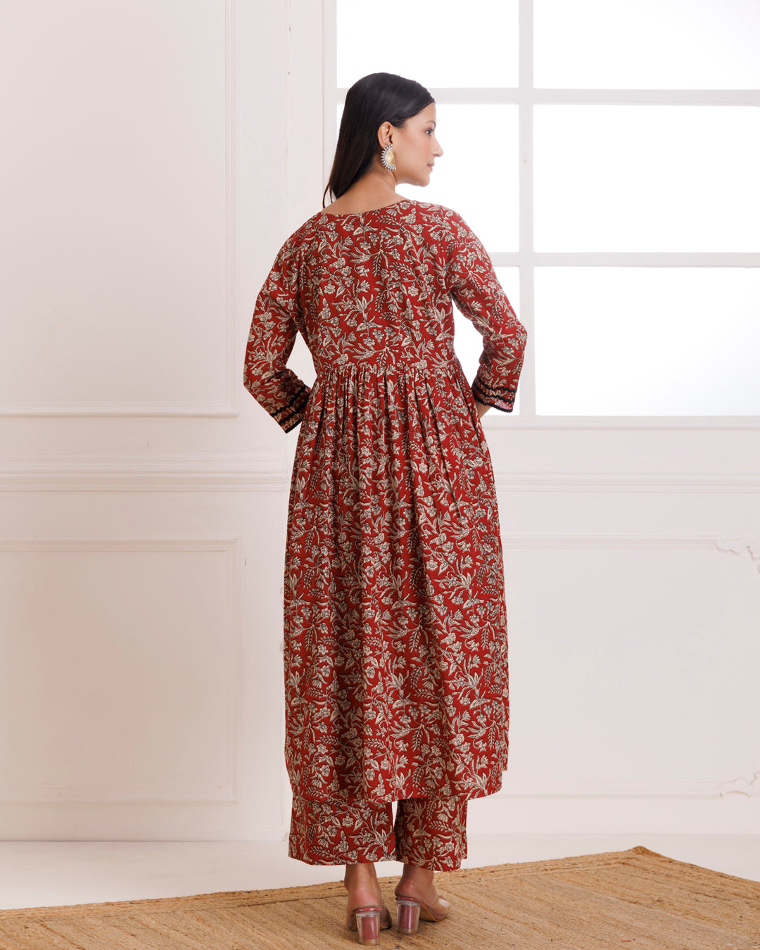 Red & Black Bagru Hand Block Printed Cotton Gathered Kurta Pant