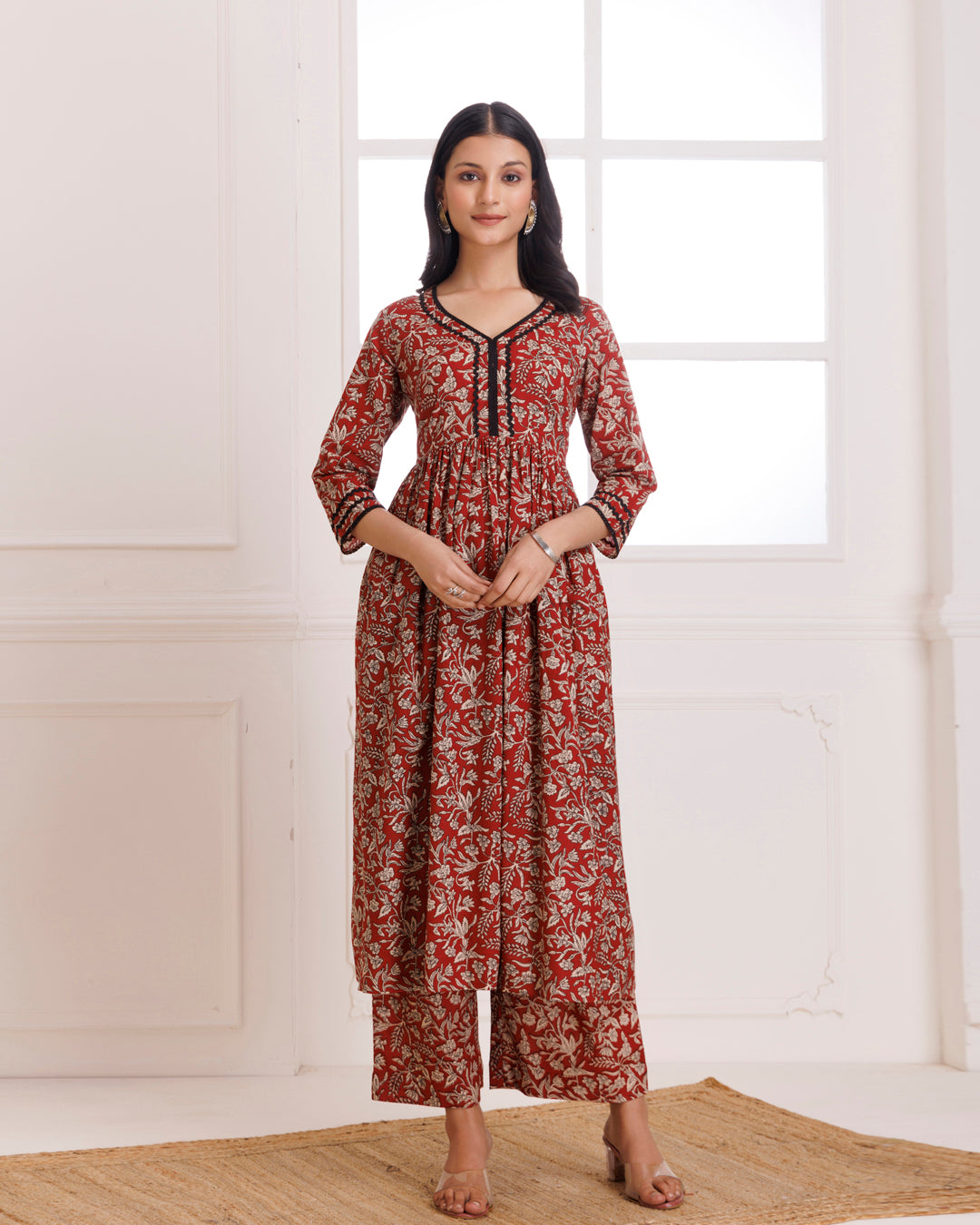 Red & Black Bagru Hand Block Printed Cotton Gathered Kurta Pant