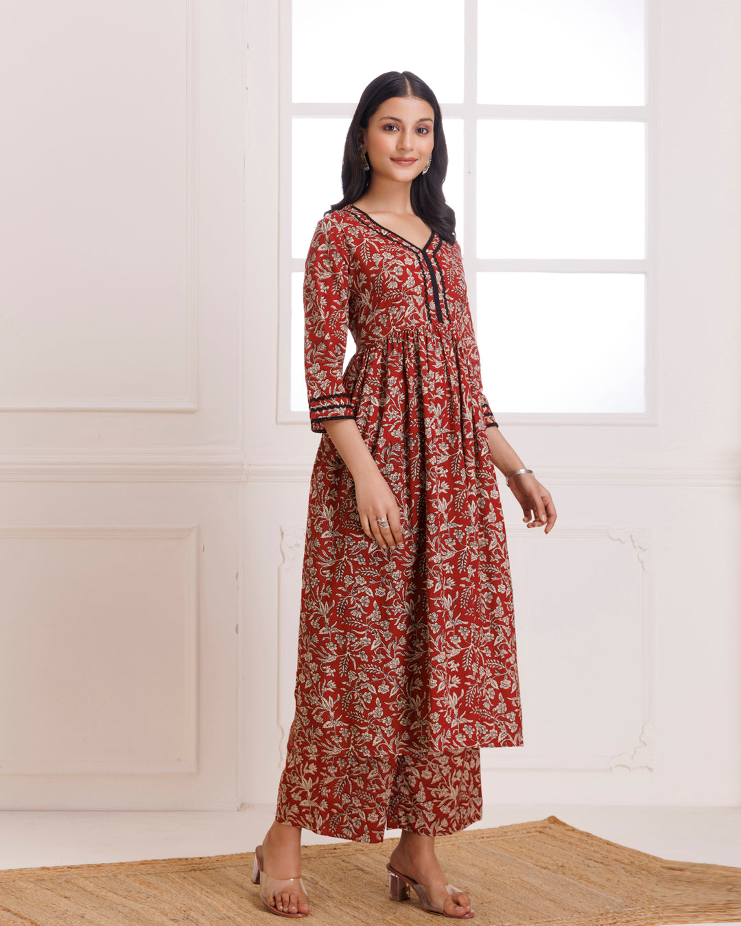 Red & Black Bagru Hand Block Printed Cotton Gathered Kurta Pant