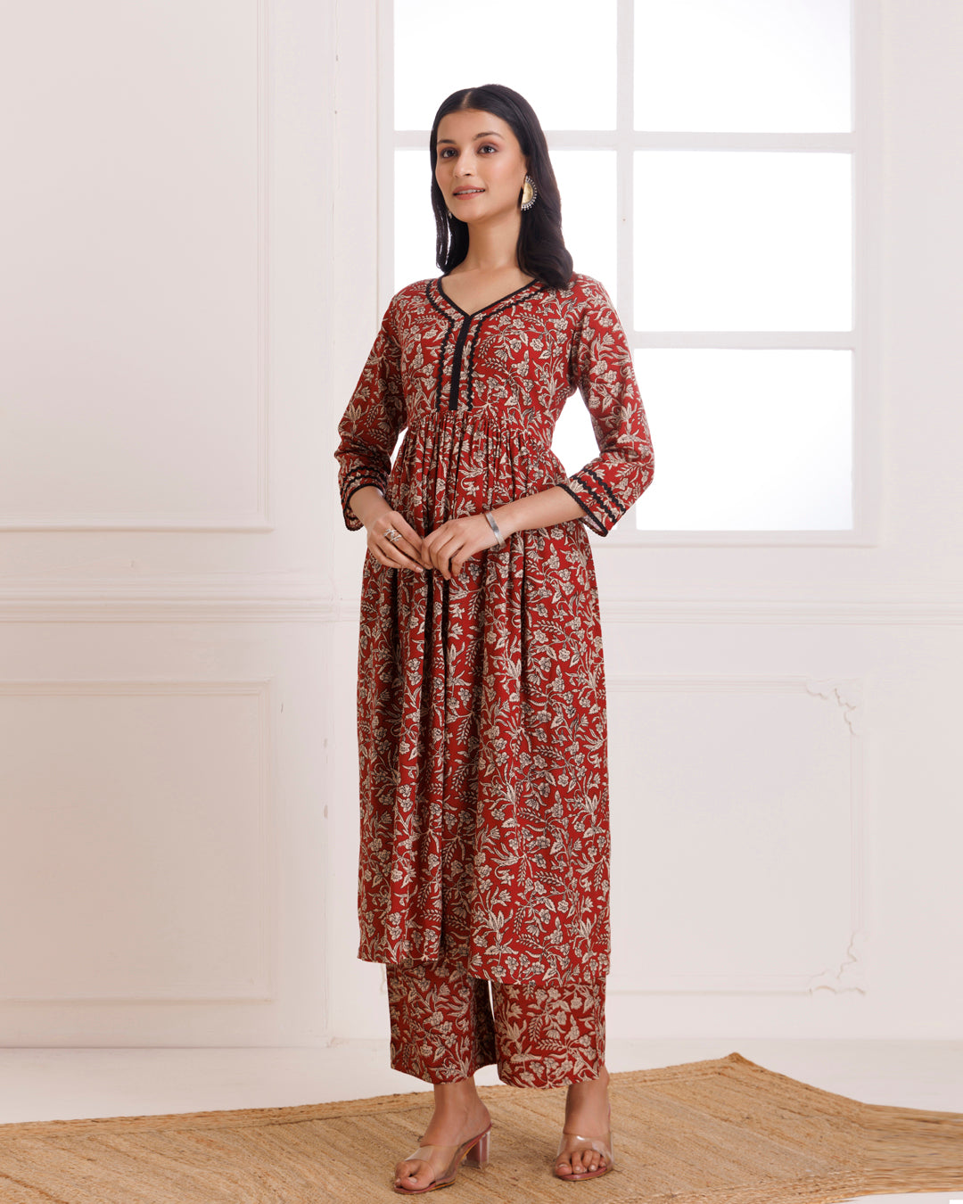 Red & Black Bagru Hand Block Printed Cotton Gathered Kurta Pant