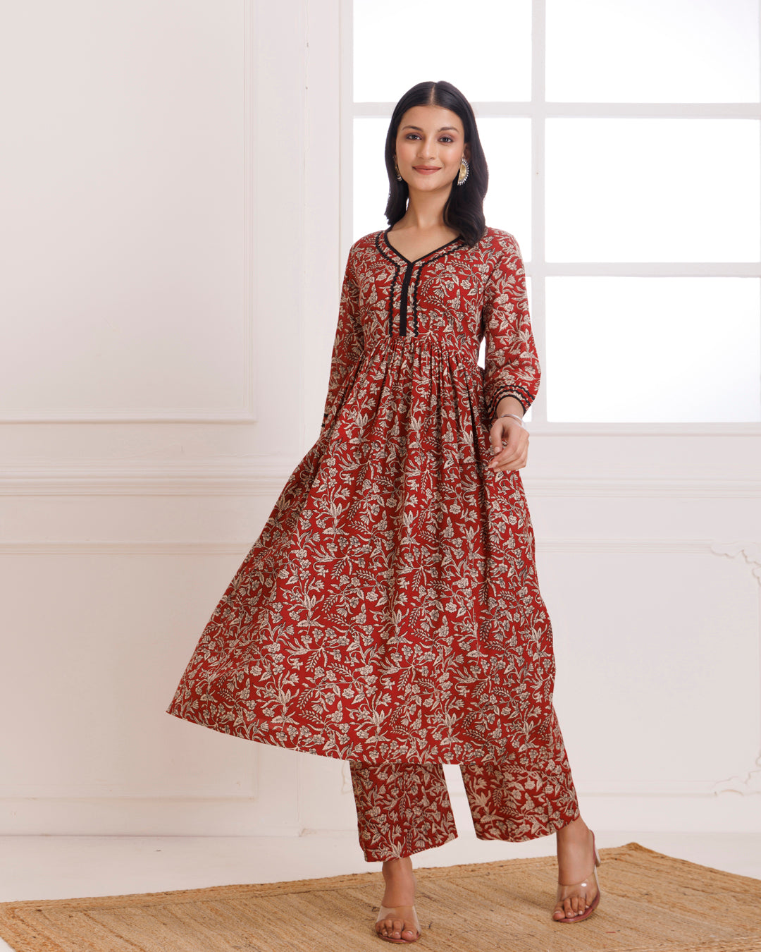 Red & Black Bagru Hand Block Printed Cotton Gathered Kurta Pant