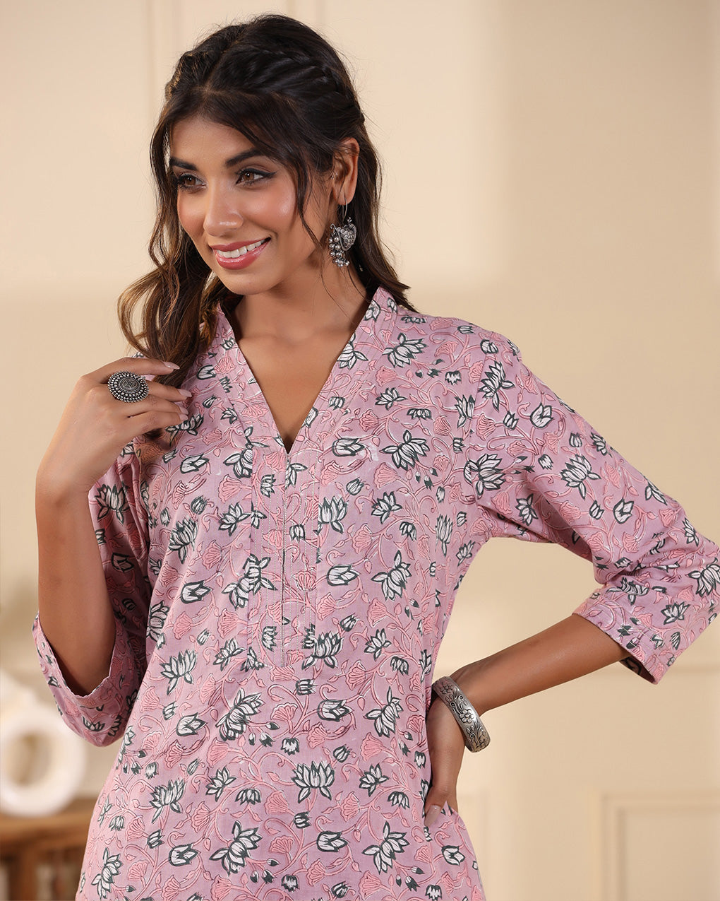 Rose Pink Jaal Handblock Printed Cotton Kurta Pant