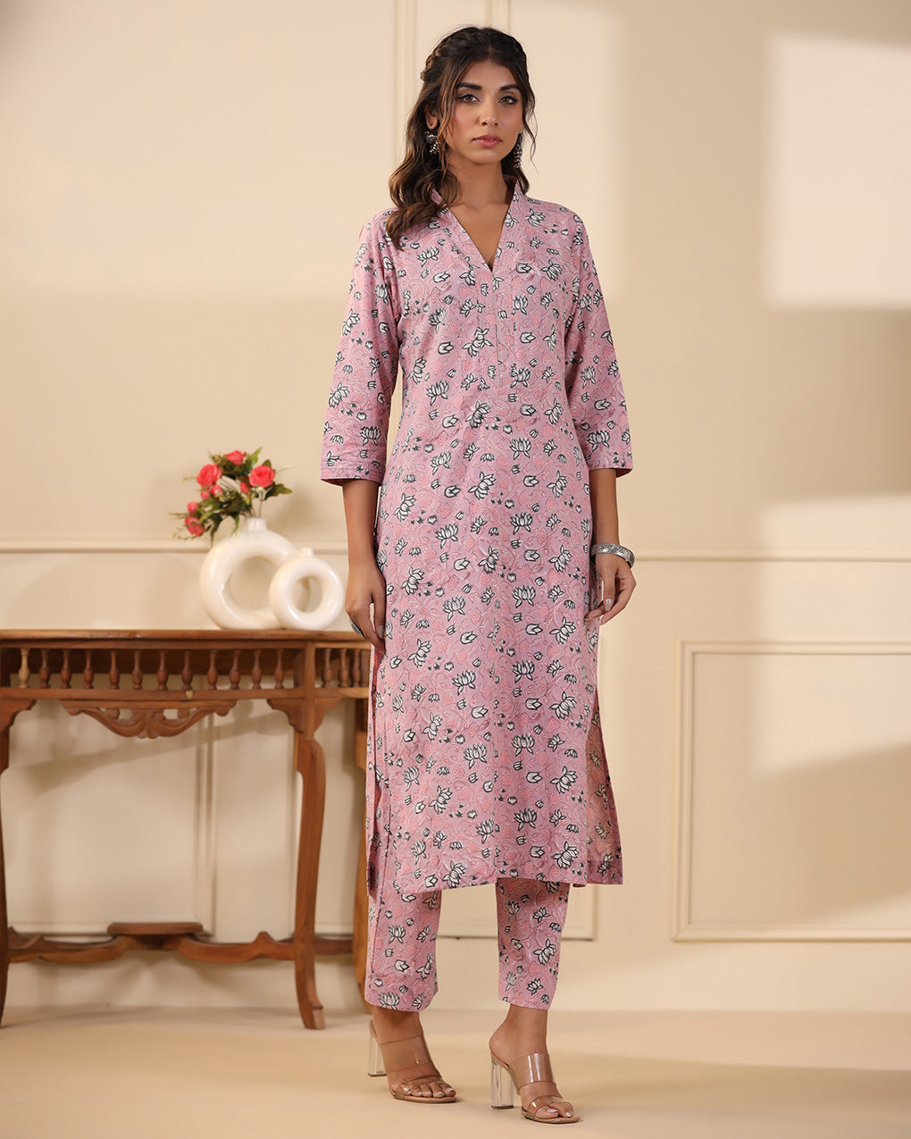 Rose Pink Jaal Handblock Printed Cotton Kurta Pant