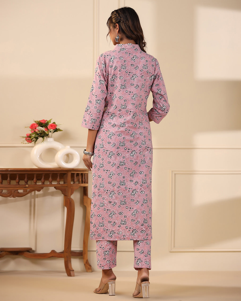 Rose Pink Jaal Handblock Printed Cotton Kurta Pant