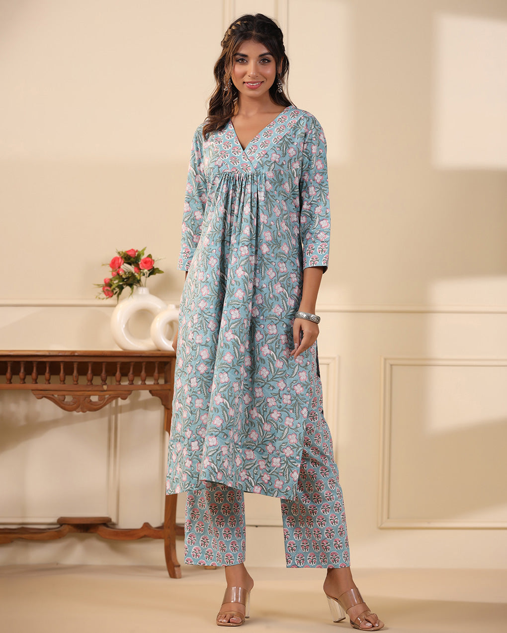Aqua & Pink Jaal Handblock Printed Cotton Kurta Pant