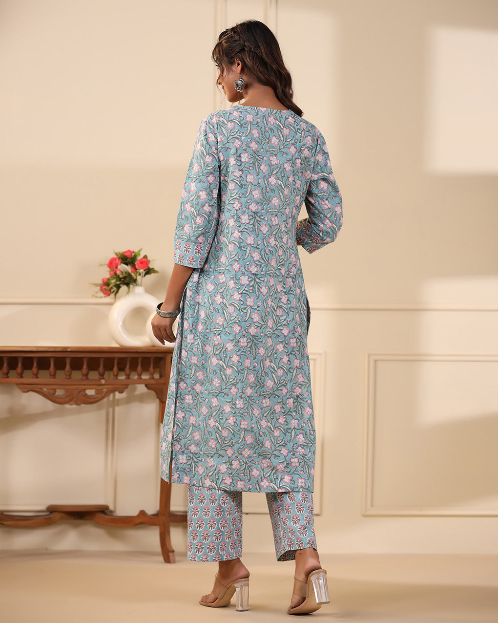 Aqua & Pink Jaal Handblock Printed Cotton Kurta Pant