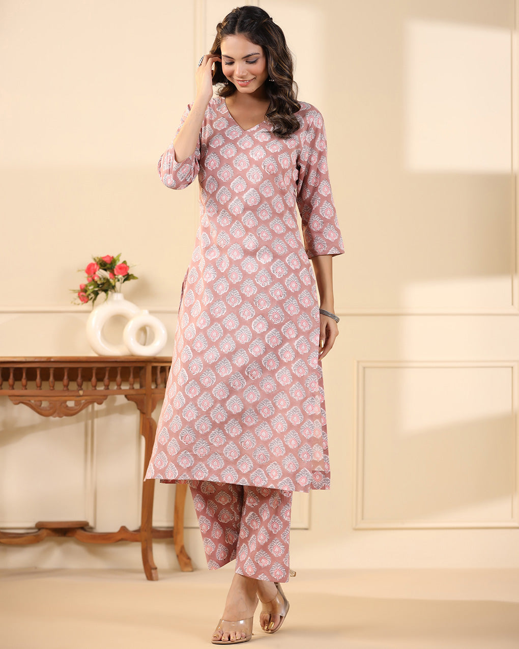 Mauve Buti Handblock Print Cotton Kurta & Pant Set