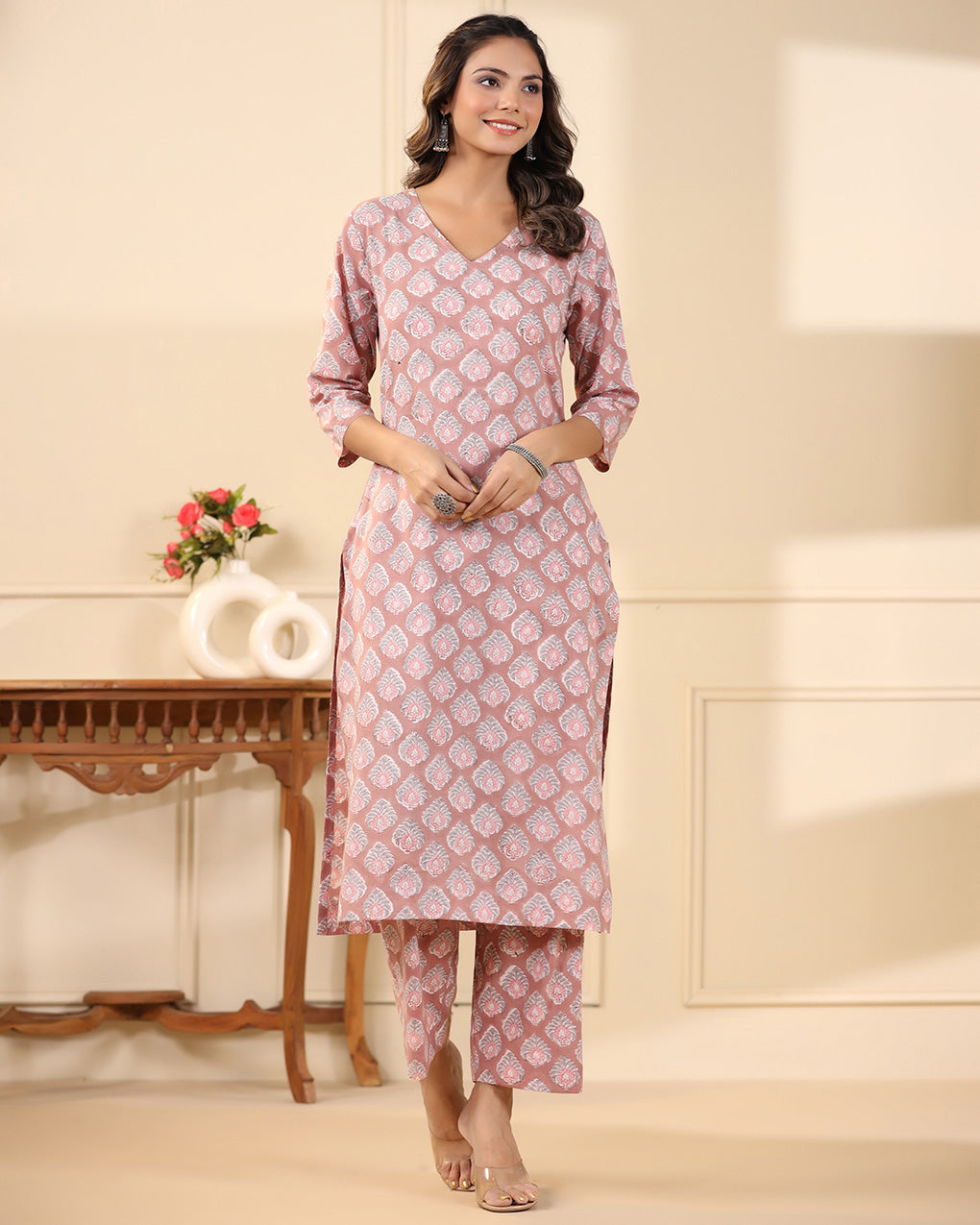 Mauve Buti Handblock Print Cotton Kurta & Pant Set
