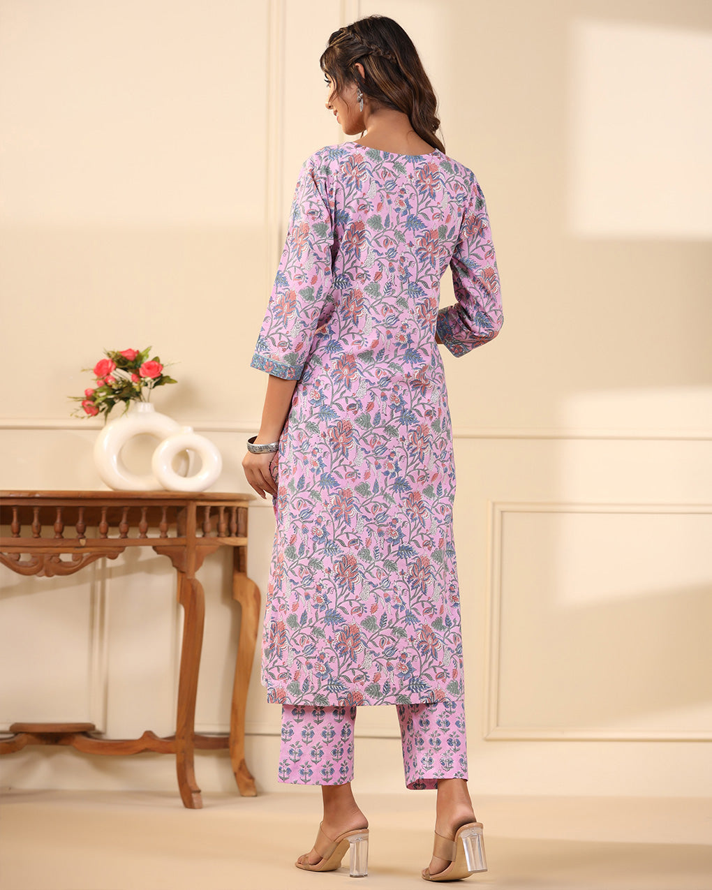Lavender Jaal Handblock Printed Cotton Kurta Pant Set