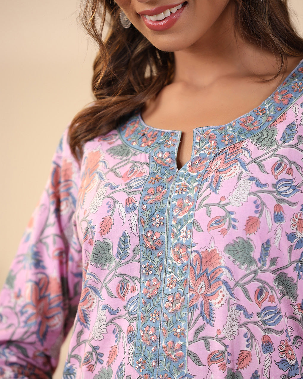 Lavender Jaal Handblock Printed Cotton Kurta Pant Set