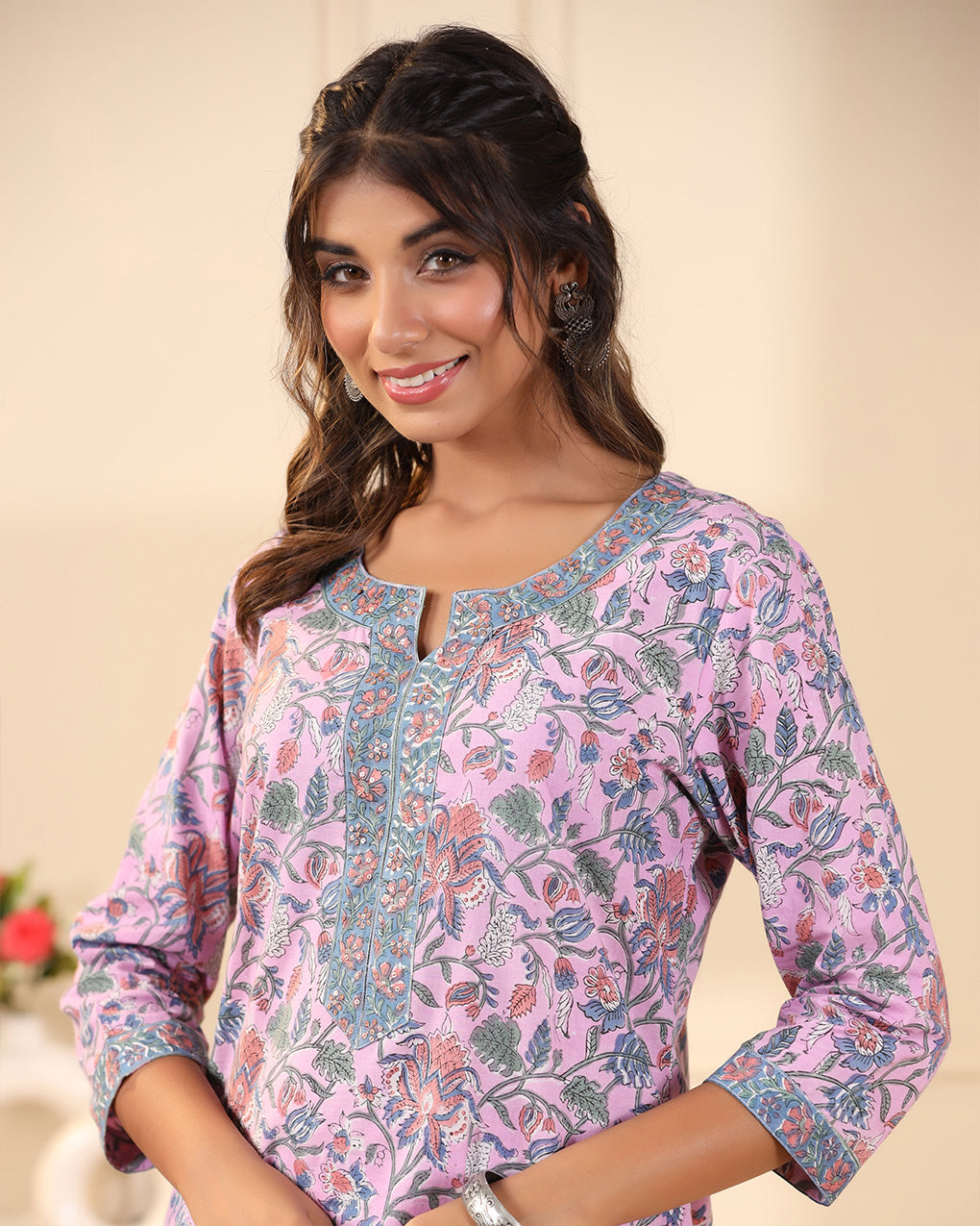 Lavender Jaal Handblock Printed Cotton Kurta Pant Set